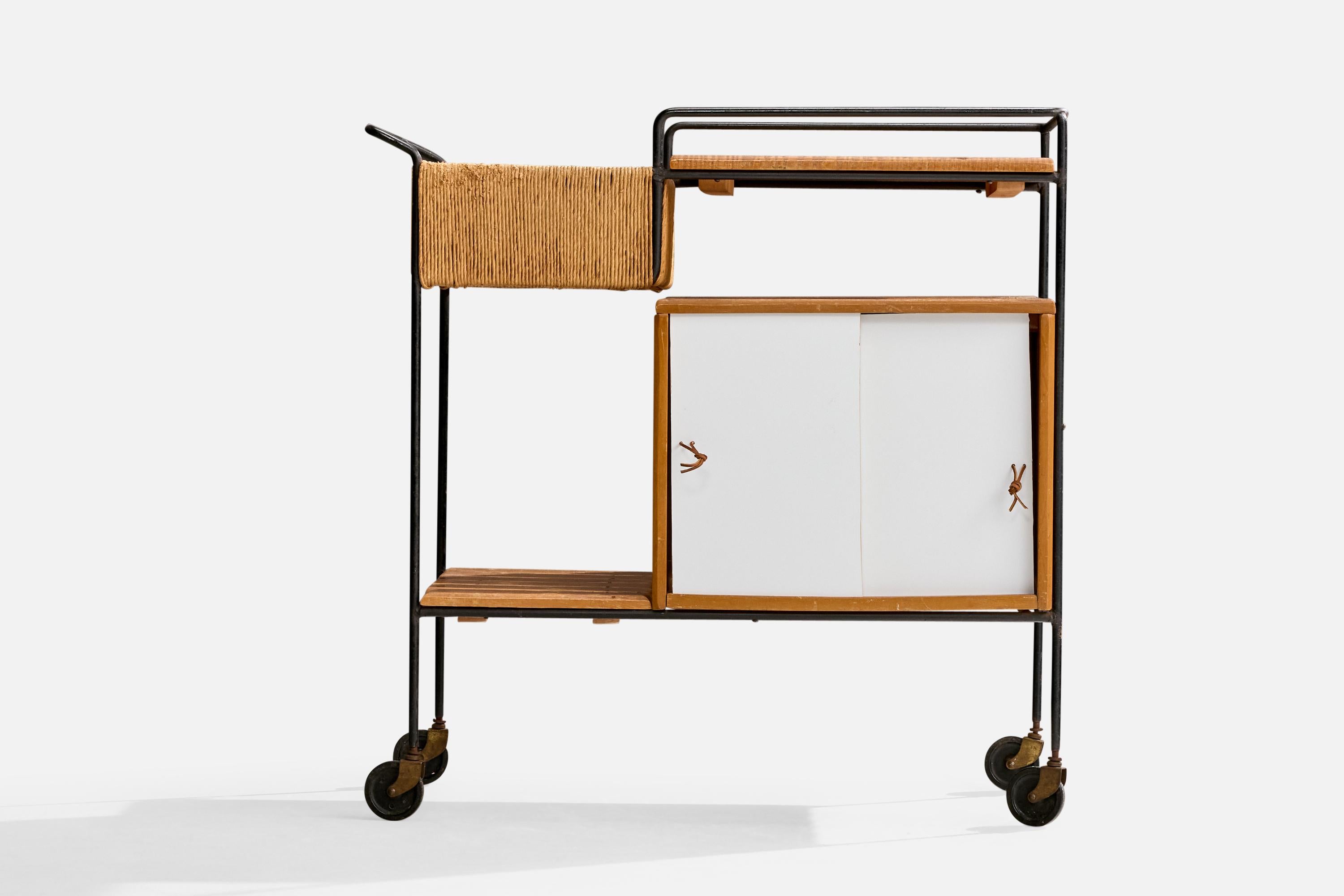 Arthur Umanoff, Bar Cart, Iron, Birch, Rush, Formica, USA, 1950s For Sale 4