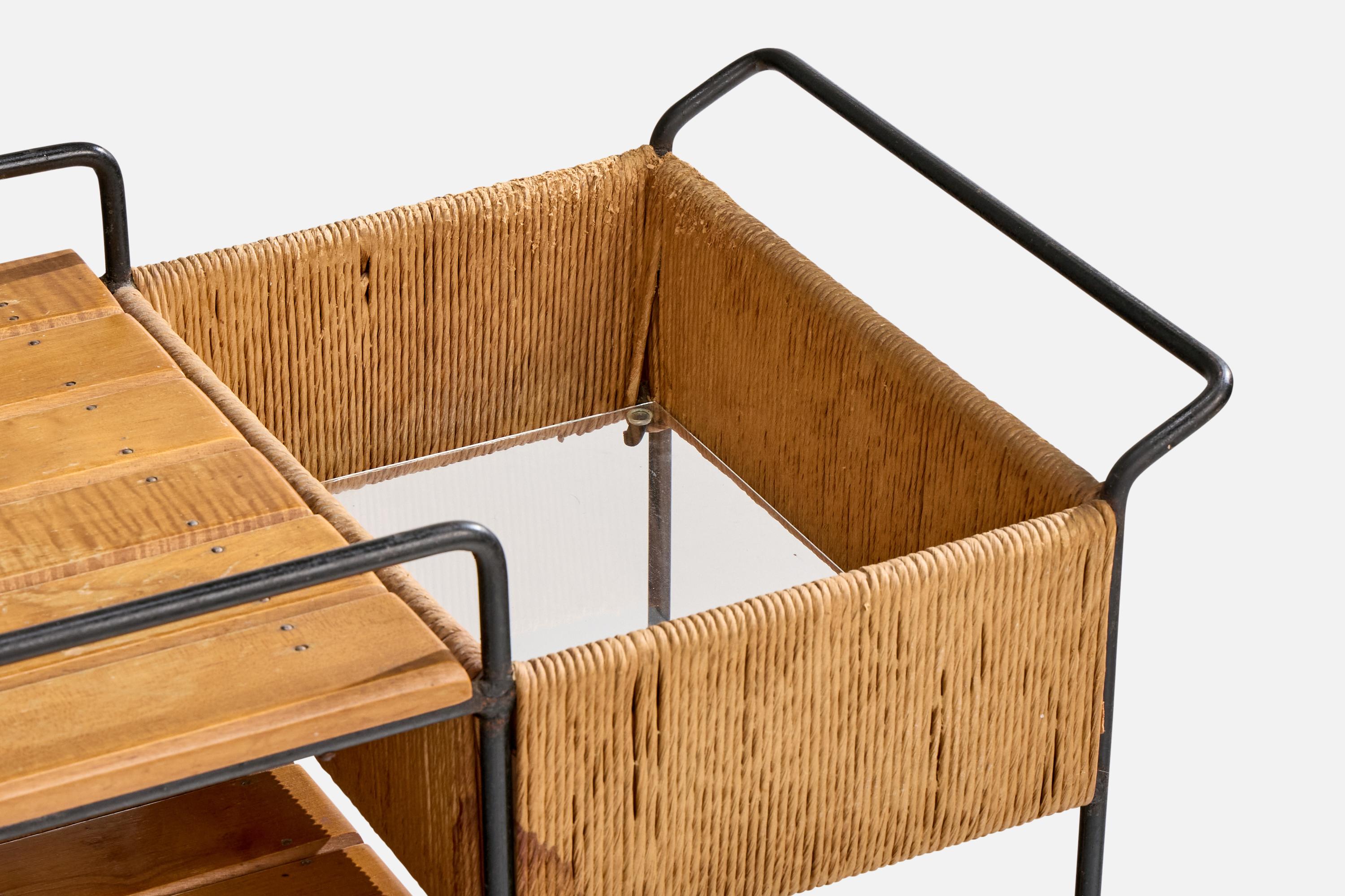 Arthur Umanoff, Bar Cart, Iron, Birch, Rush, Formica, USA, 1950s For Sale 5