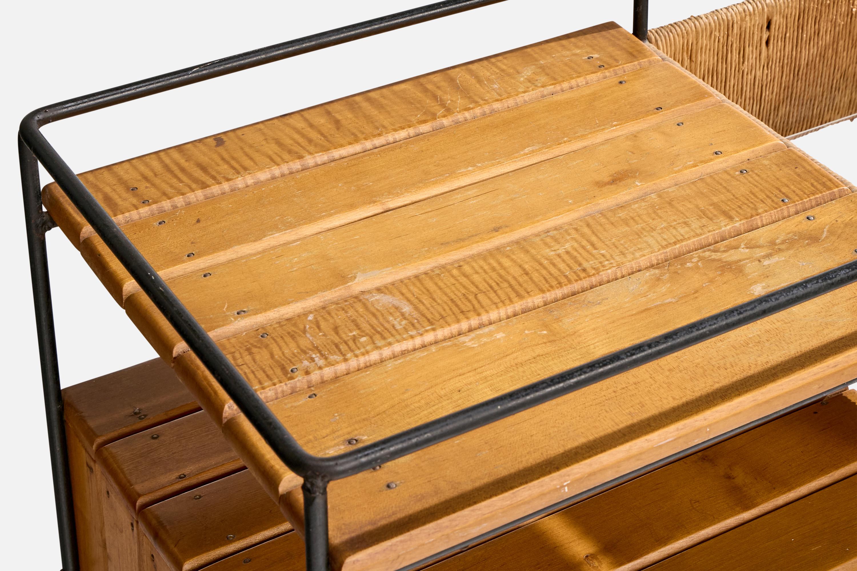 Arthur Umanoff, Bar Cart, Iron, Birch, Rush, Formica, USA, 1950s For Sale 8