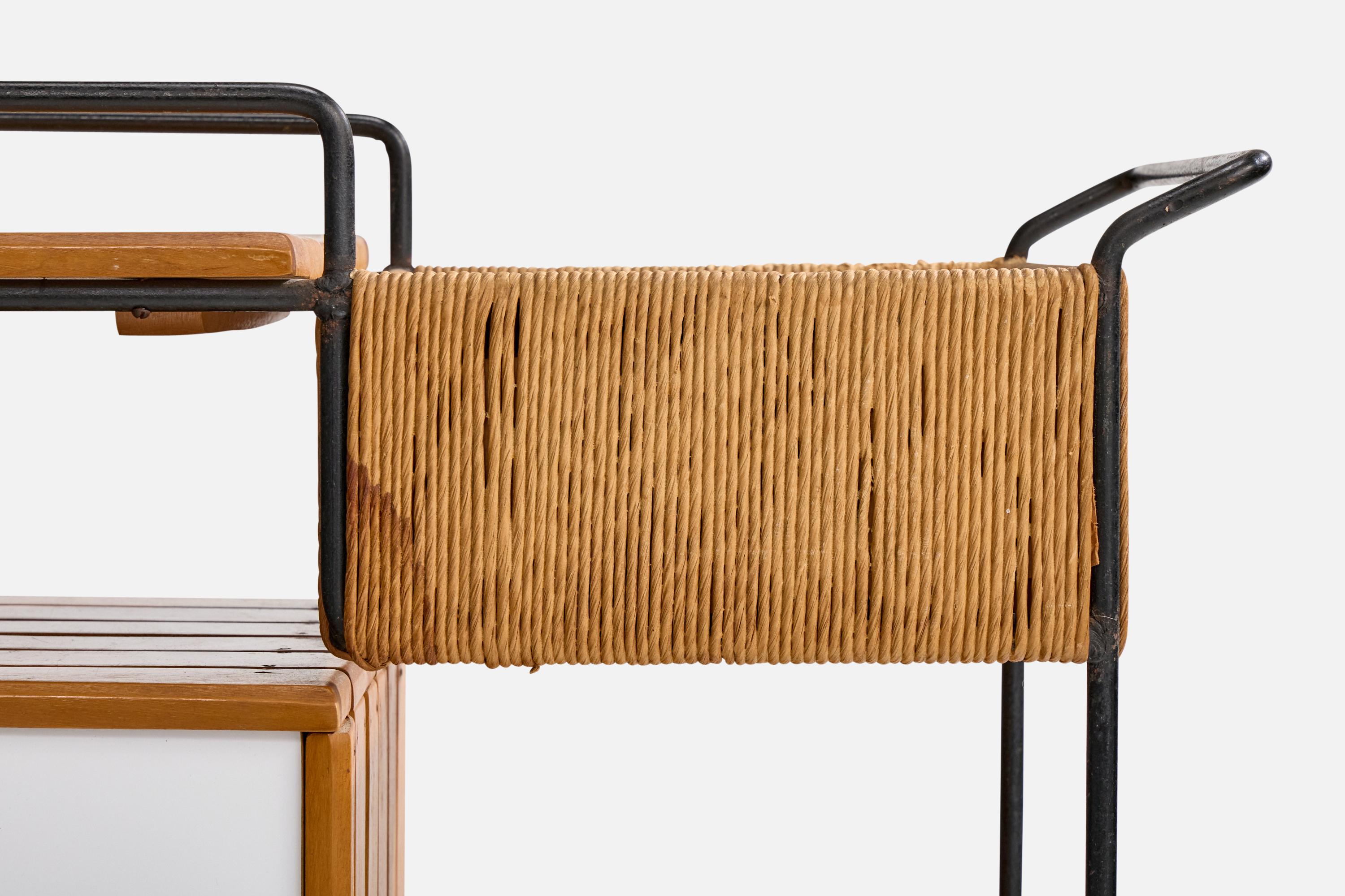 Mid-Century Modern Arthur Umanoff, Bar Cart, Iron, Birch, Rush, Formica, USA, 1950s For Sale