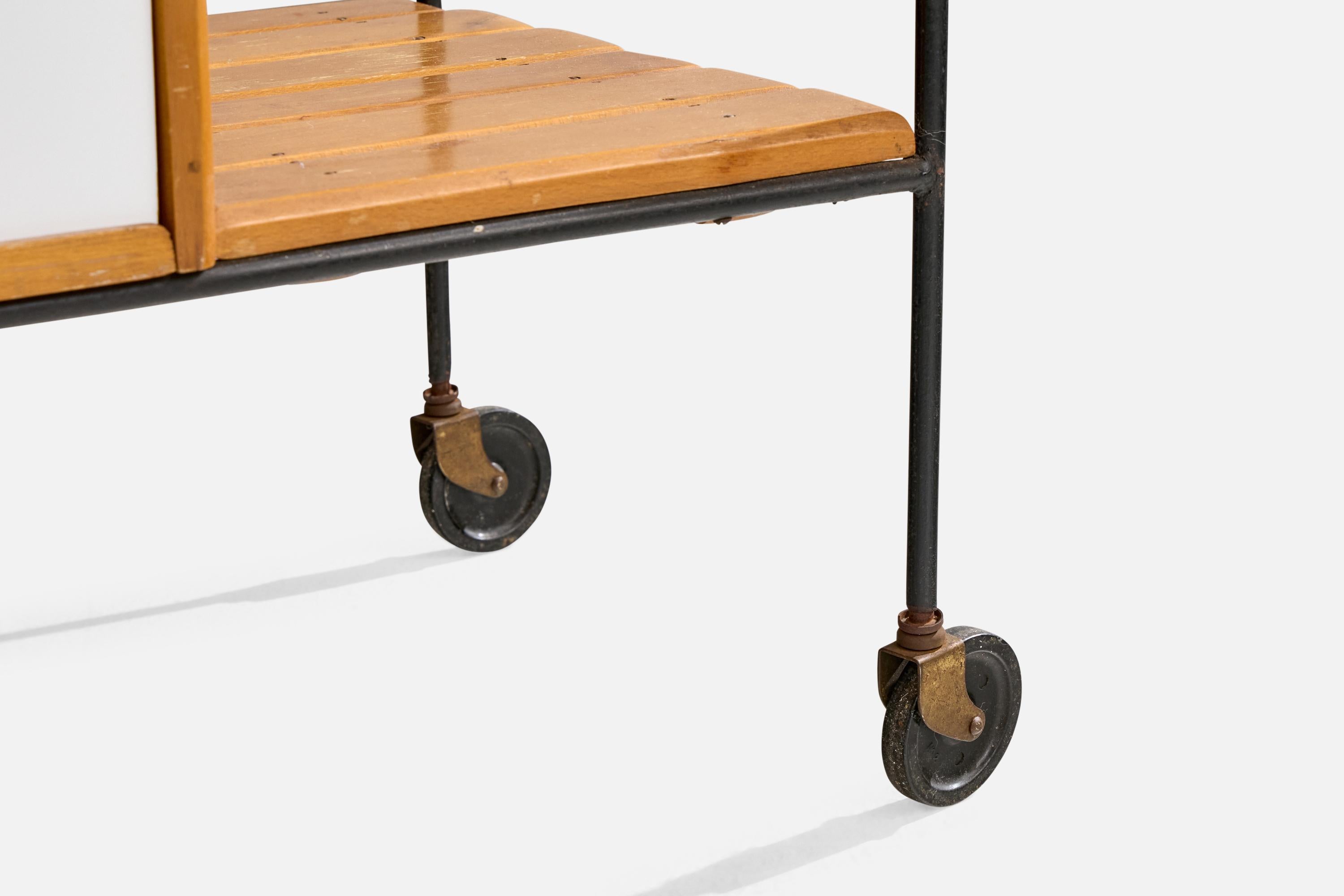Mid-20th Century Arthur Umanoff, Bar Cart, Iron, Birch, Rush, Formica, USA, 1950s For Sale