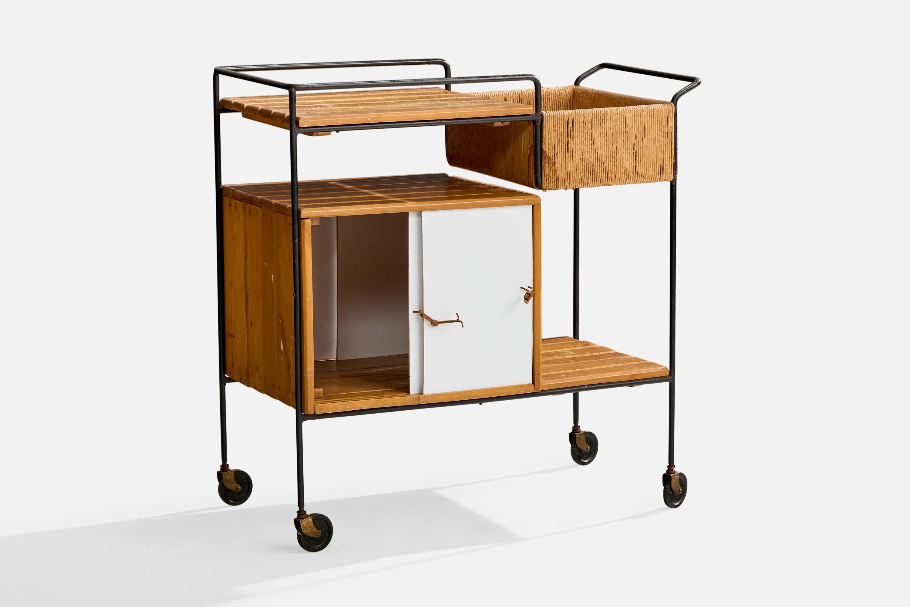 Arthur Umanoff, Bar Cart, Iron, Birch, Rush, Formica, USA, 1950s For Sale 1