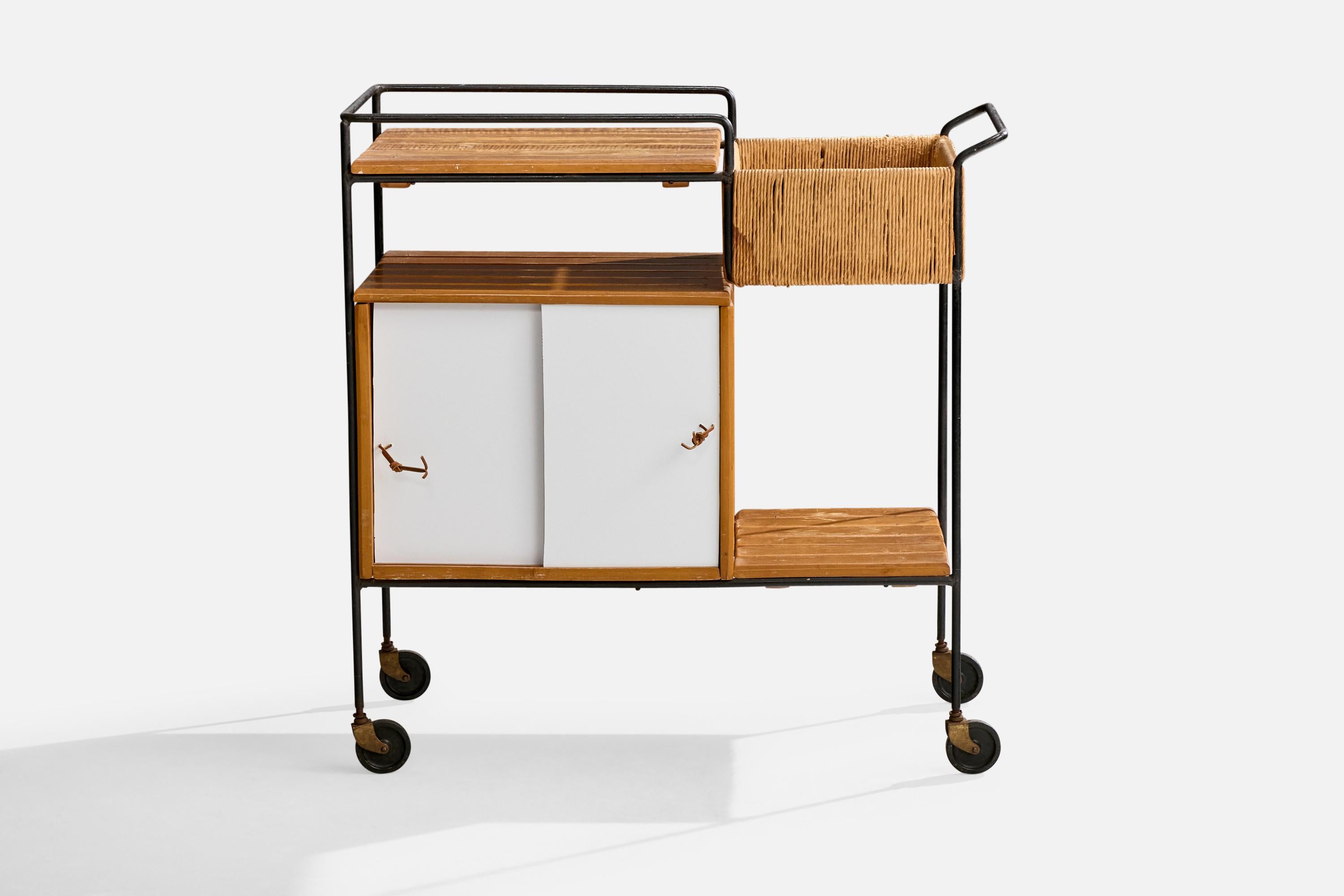 Arthur Umanoff, Bar Cart, Iron, Birch, Rush, Formica, USA, 1950s For Sale 2