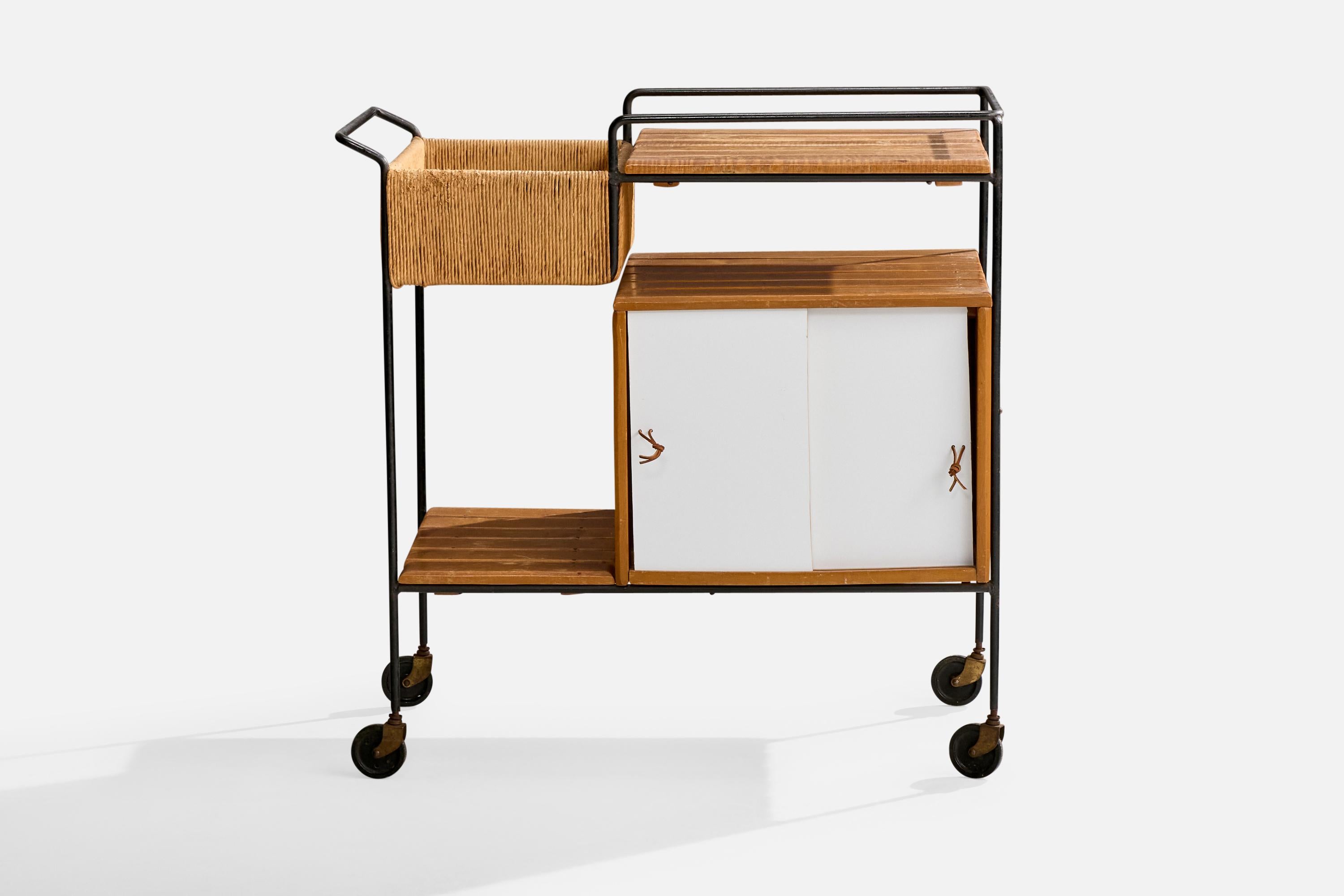 Arthur Umanoff, Bar Cart, Iron, Birch, Rush, Formica, USA, 1950s For Sale 3