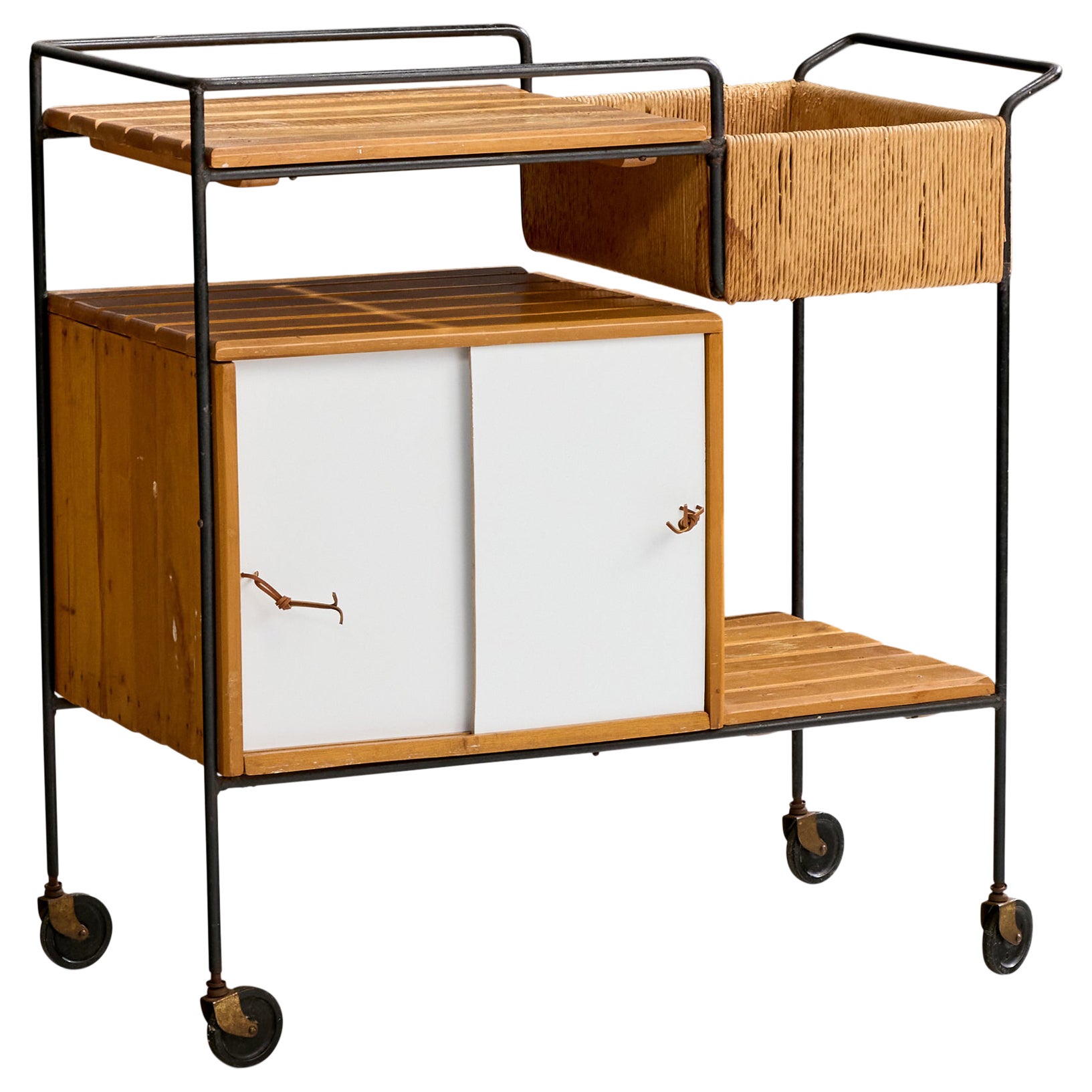 Arthur Umanoff, Bar Cart, Iron, Birch, Rush, Formica, USA, 1950s For Sale