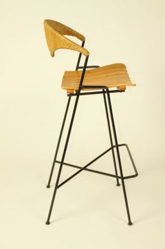 Arthur Umanoff Wrought Iron Wicker & Wood Slat Bar Stools for Raymor - Restored