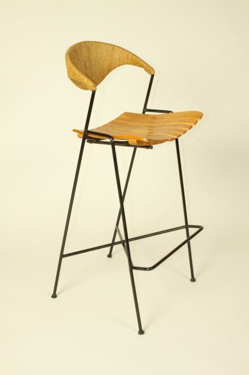 American Arthur Umanoff Wrought Iron Wicker & Wood Slat Bar Stools for Raymor - Restored For Sale