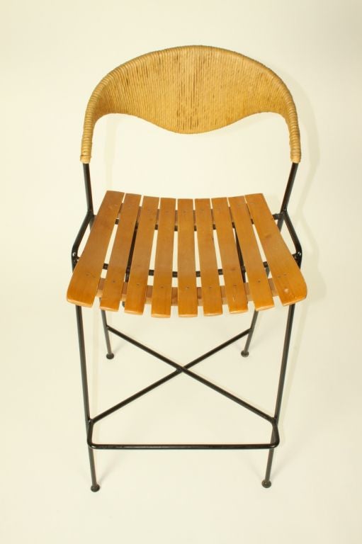 Arthur Umanoff Wrought Iron Wicker & Wood Slat Bar Stools for Raymor - Restored In Good Condition For Sale In St. Louis, MO