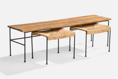 Arthur Umanoff, Bench with Stools, Birch, Rush, Iron, USA, 1950s