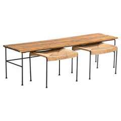 Arthur Umanoff, Bench with Stools, Birch, Rush, Iron, USA, 1950s