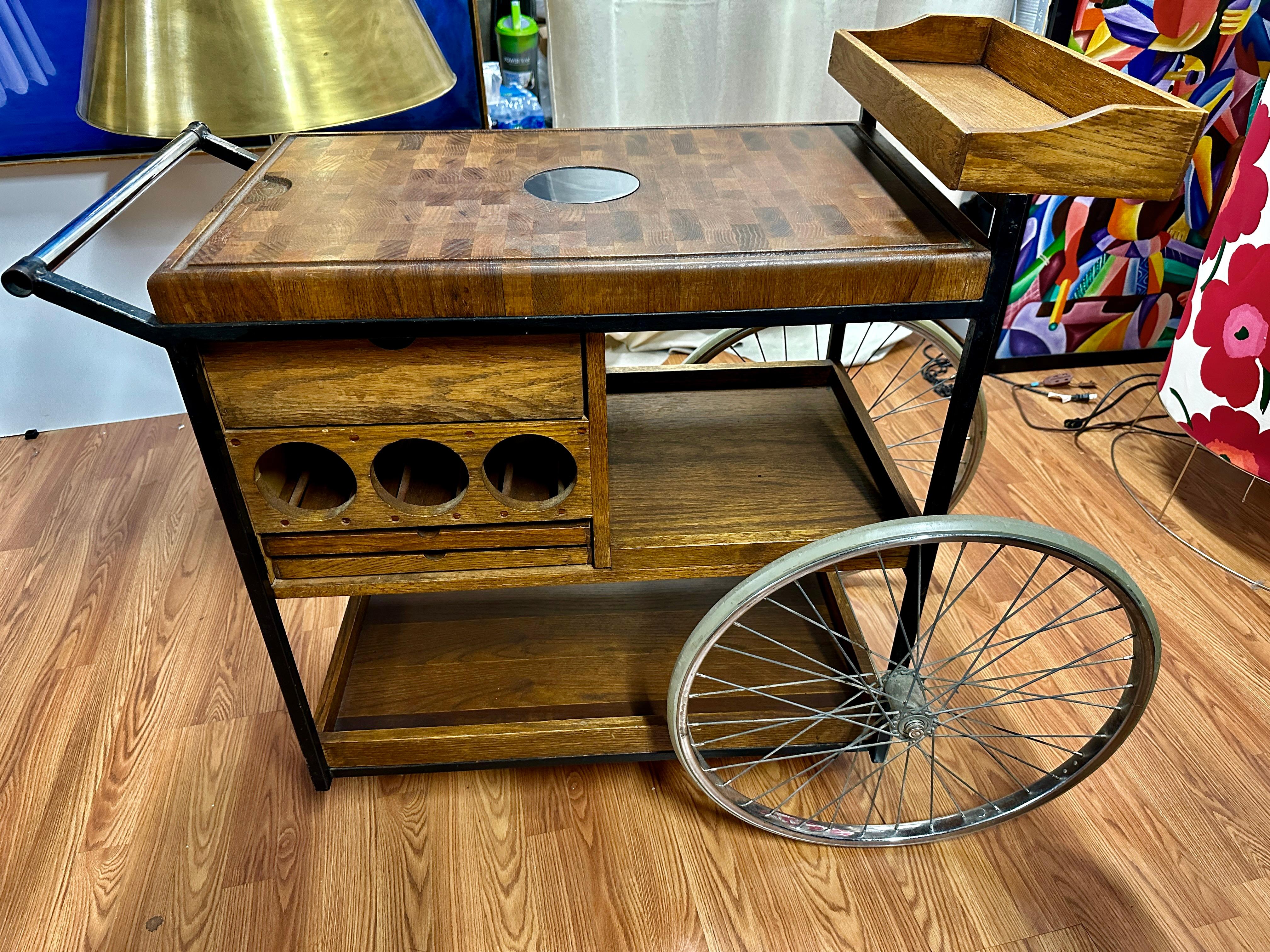 American Arthur Umanoff Bicycle and Butcher Block Bar Cart For Sale