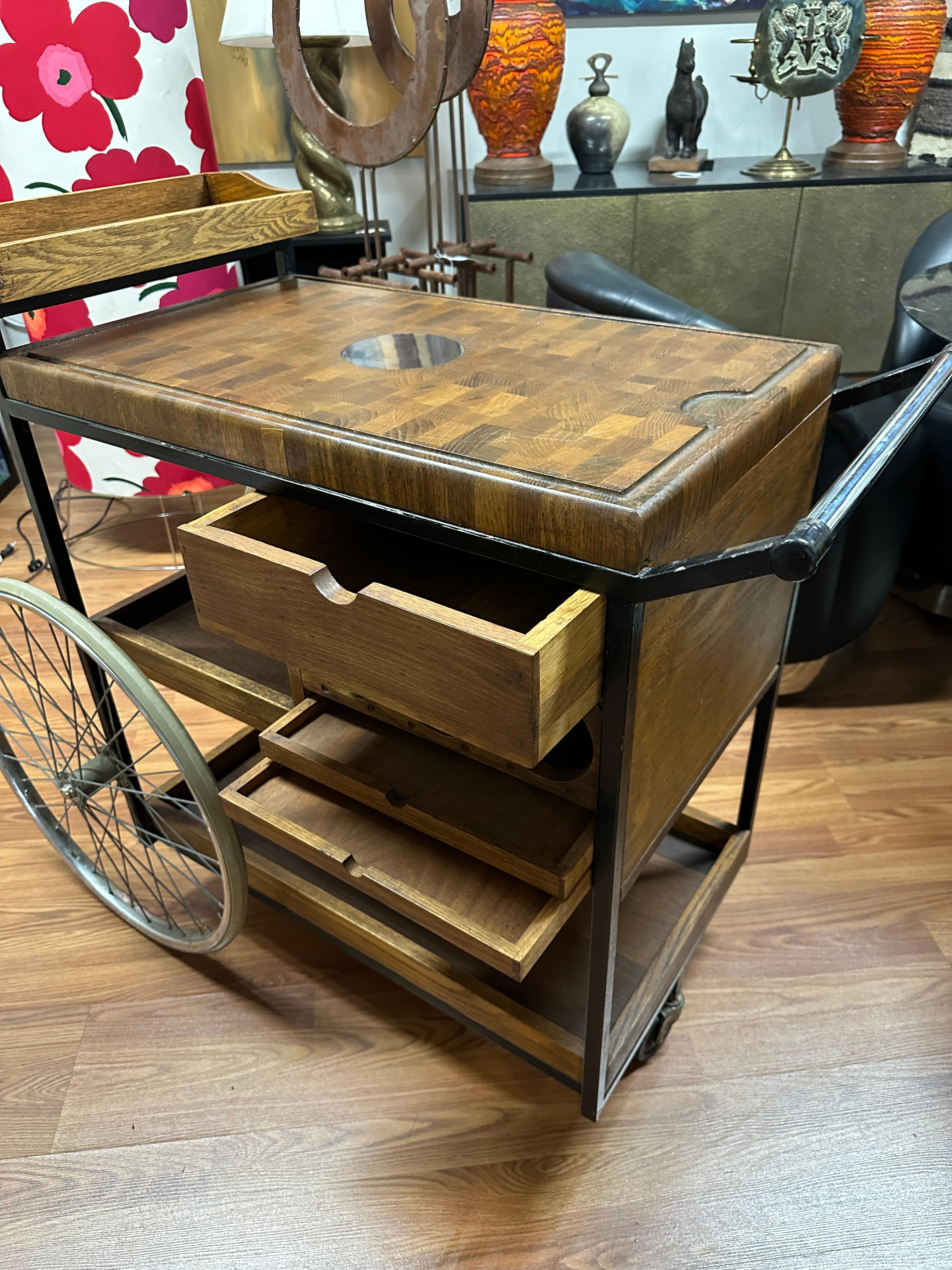 Iron Arthur Umanoff Bicycle and Butcher Block Bar Cart For Sale