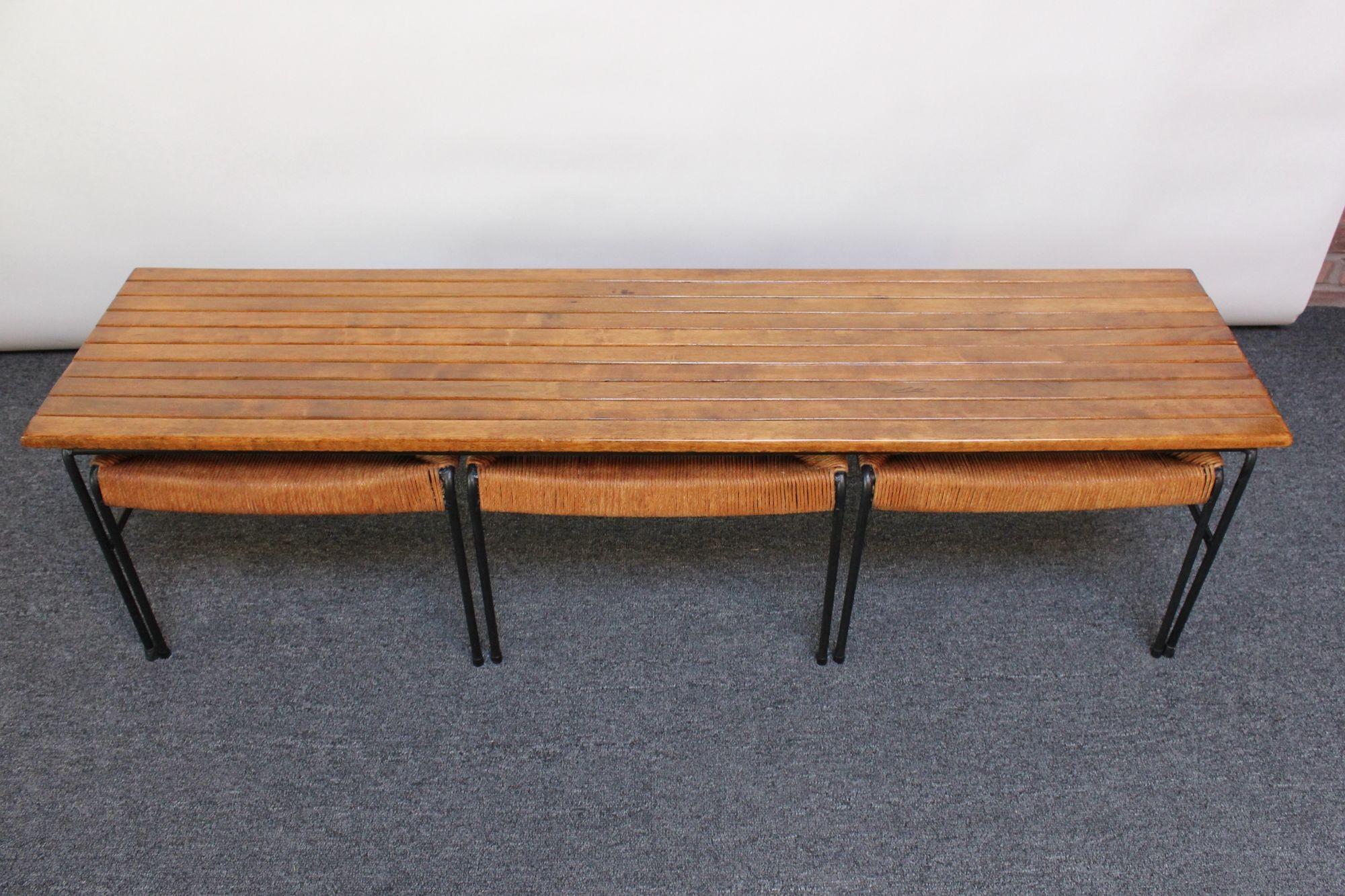 Mid-Century Modern Arthur Umanoff Birch and Iron Bench/Coffee Table with Rush Nesting Stools For Sale