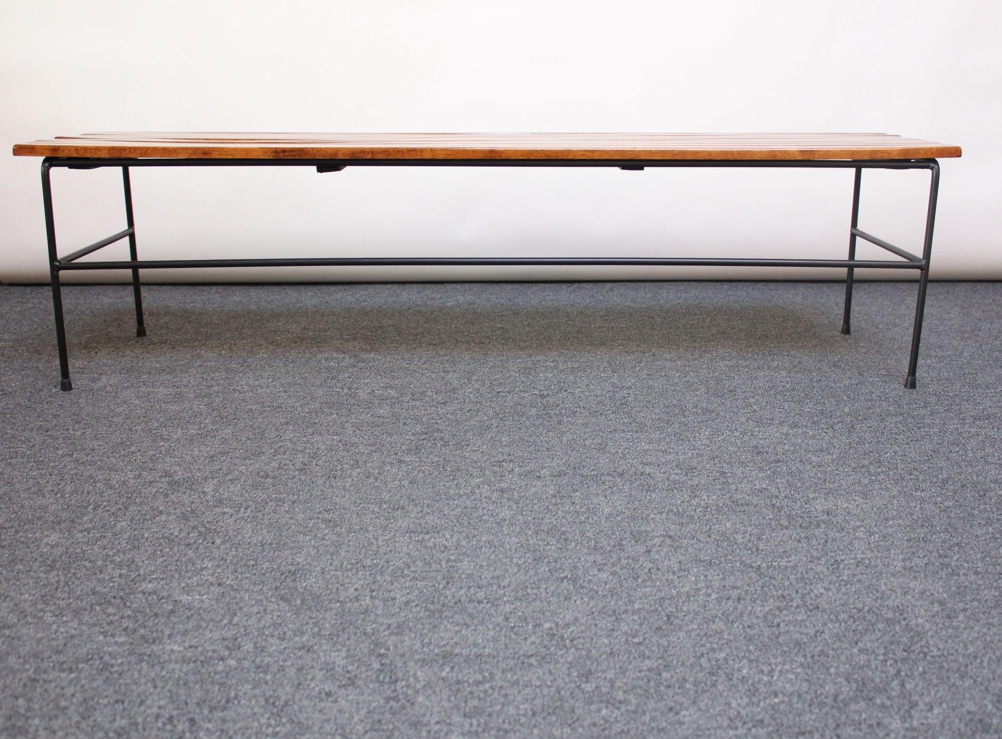 Arthur Umanoff Birch and Iron Bench/Coffee Table with Rush Nesting Stools In Good Condition For Sale In Brooklyn, NY