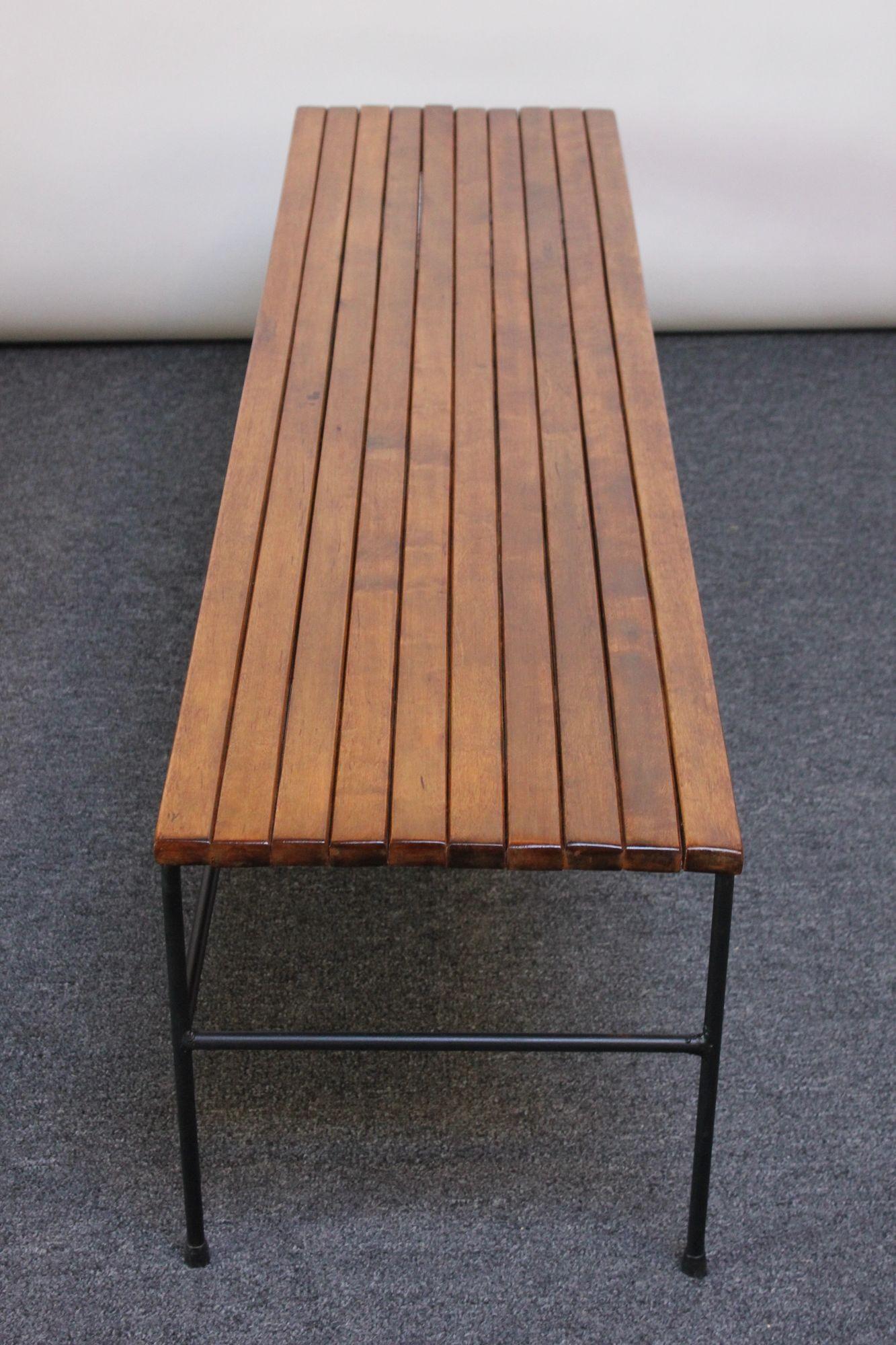 Mid-20th Century Arthur Umanoff Birch and Iron Bench/Coffee Table with Rush Nesting Stools For Sale