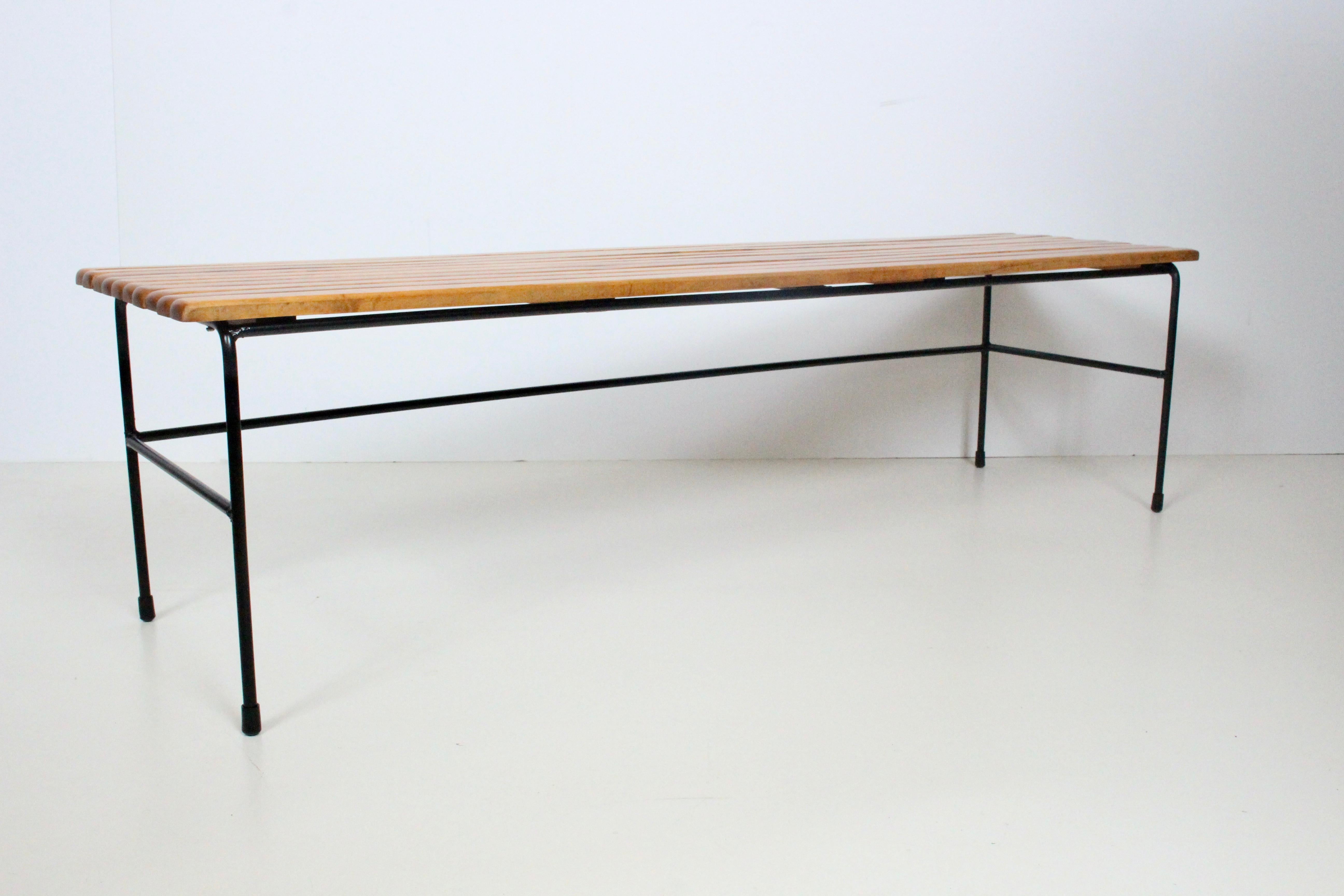 American Arthur Umanoff  Elm and Wrought Iron Slat Bench, 1950's