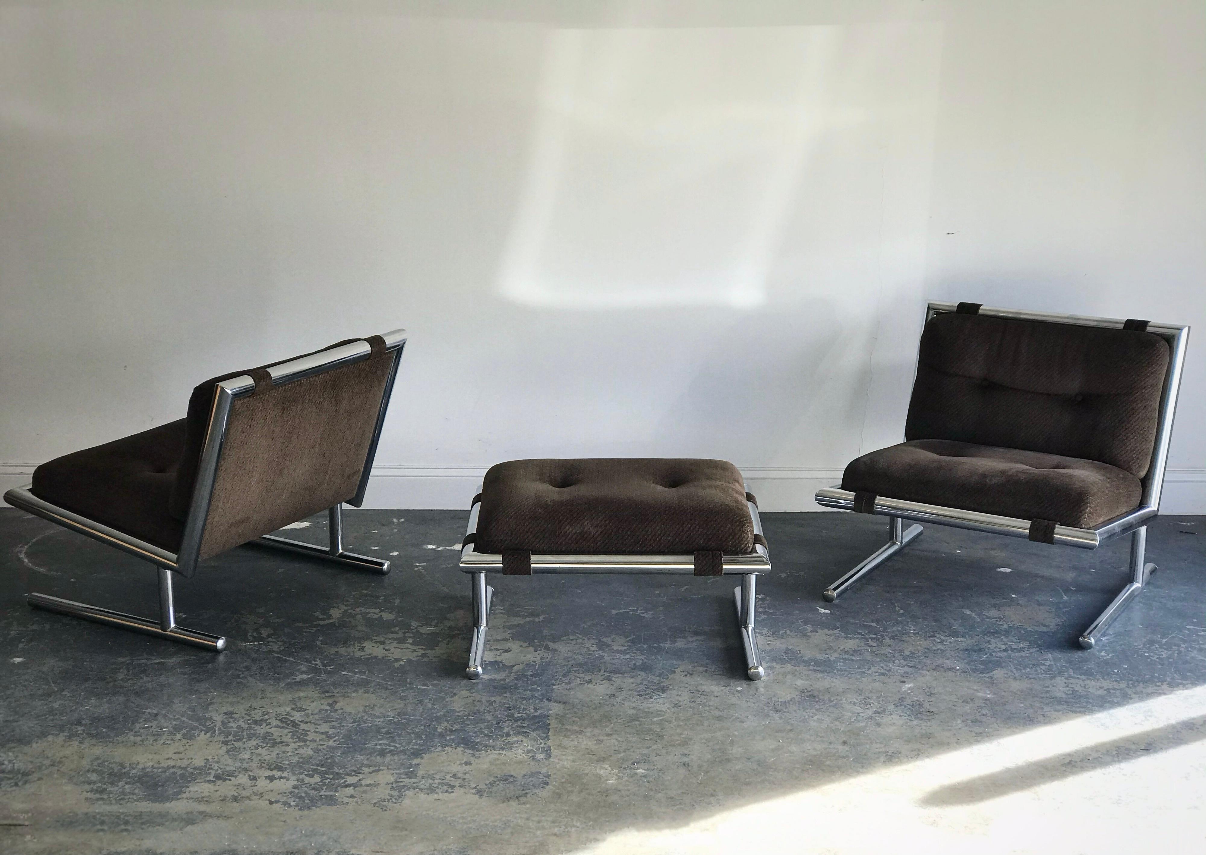 Mid-Century Modern Arthur Umanoff Chrome Lounge/ Slipper Chairs and Ottoman for Directional, 1971