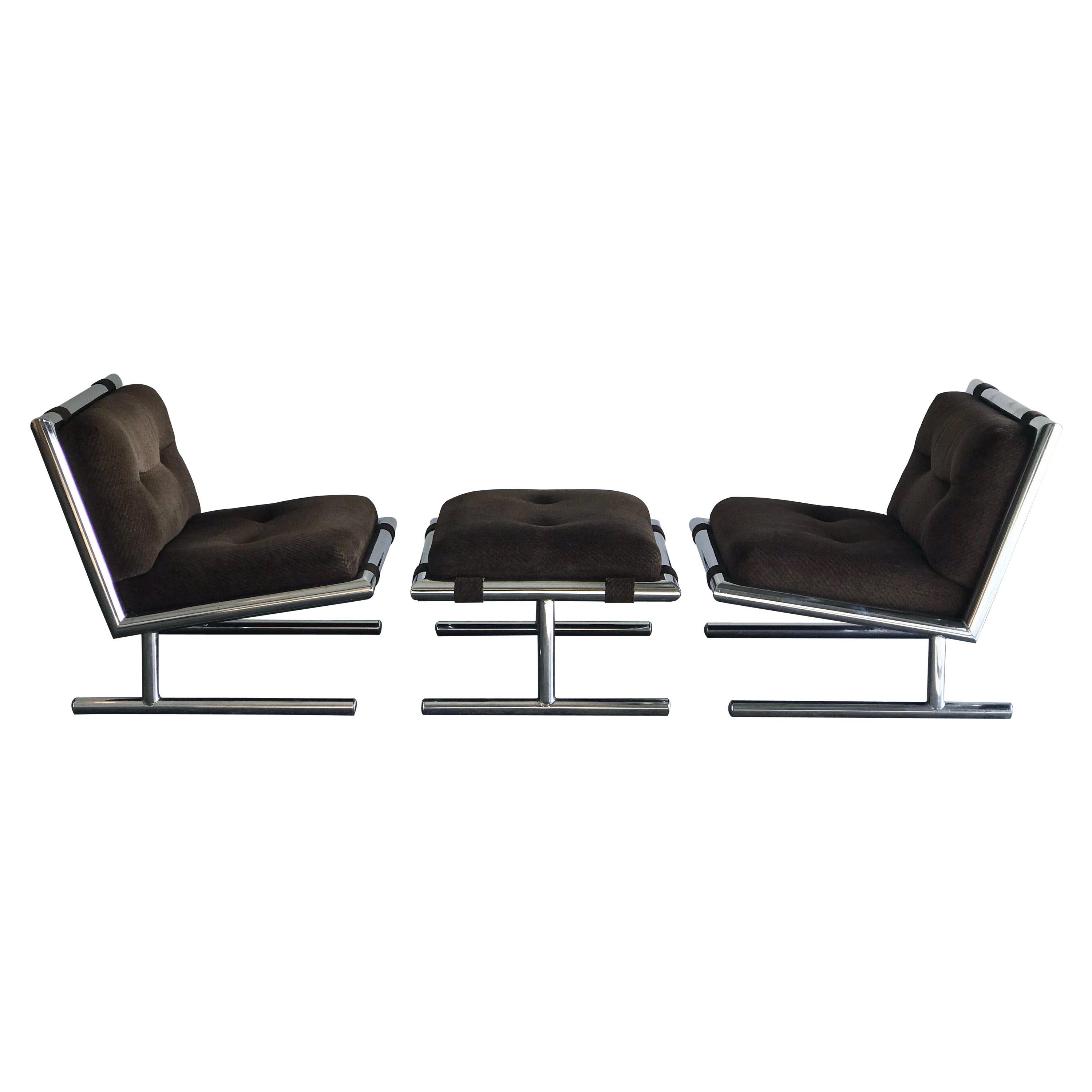 Arthur Umanoff Chrome Lounge/ Slipper Chairs and Ottoman for Directional, 1971