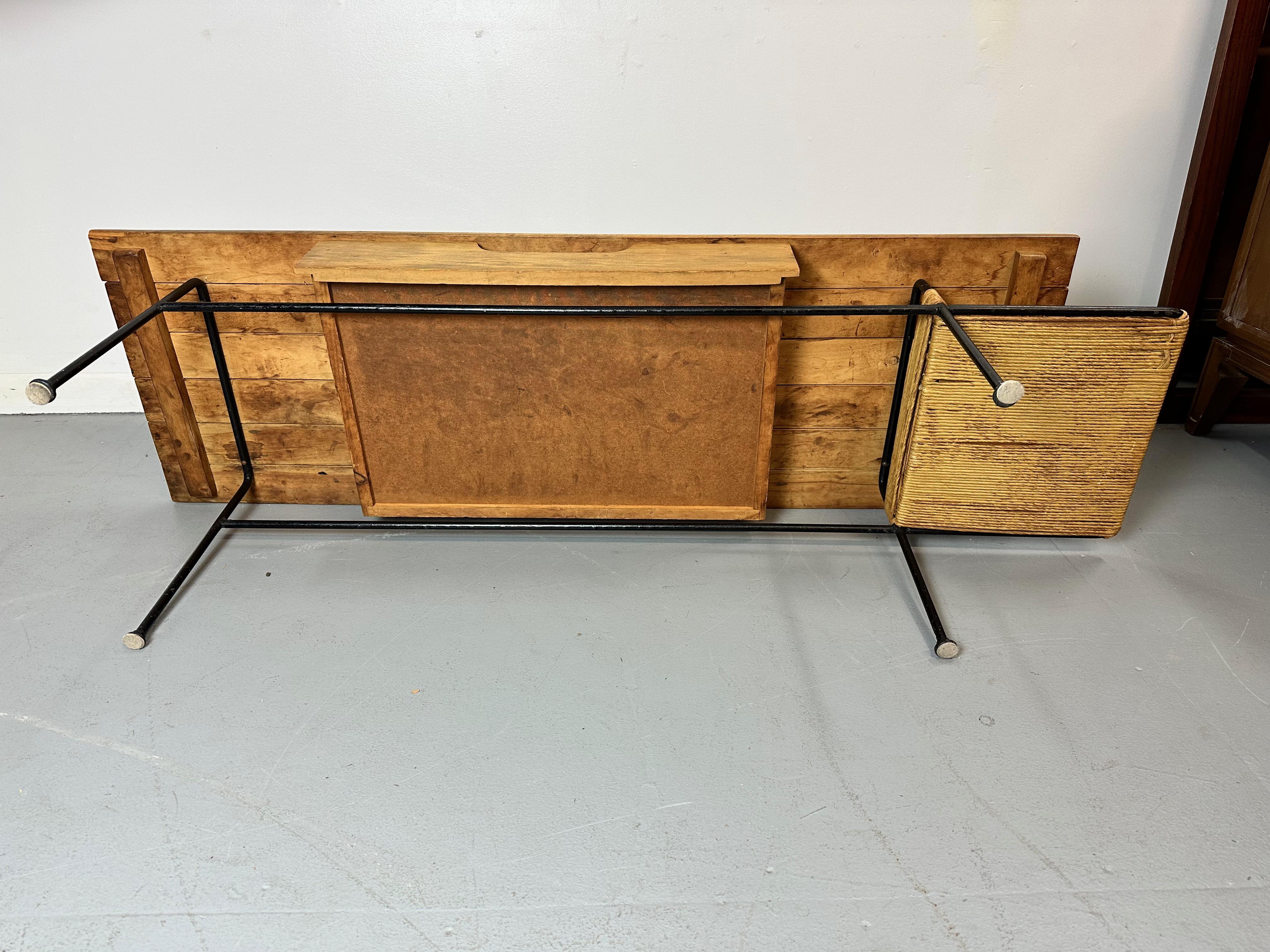 Arthur Umanoff Coffee/Cocktail Table with shelf and Drawer in Elm, Iron, & Cord  For Sale 5