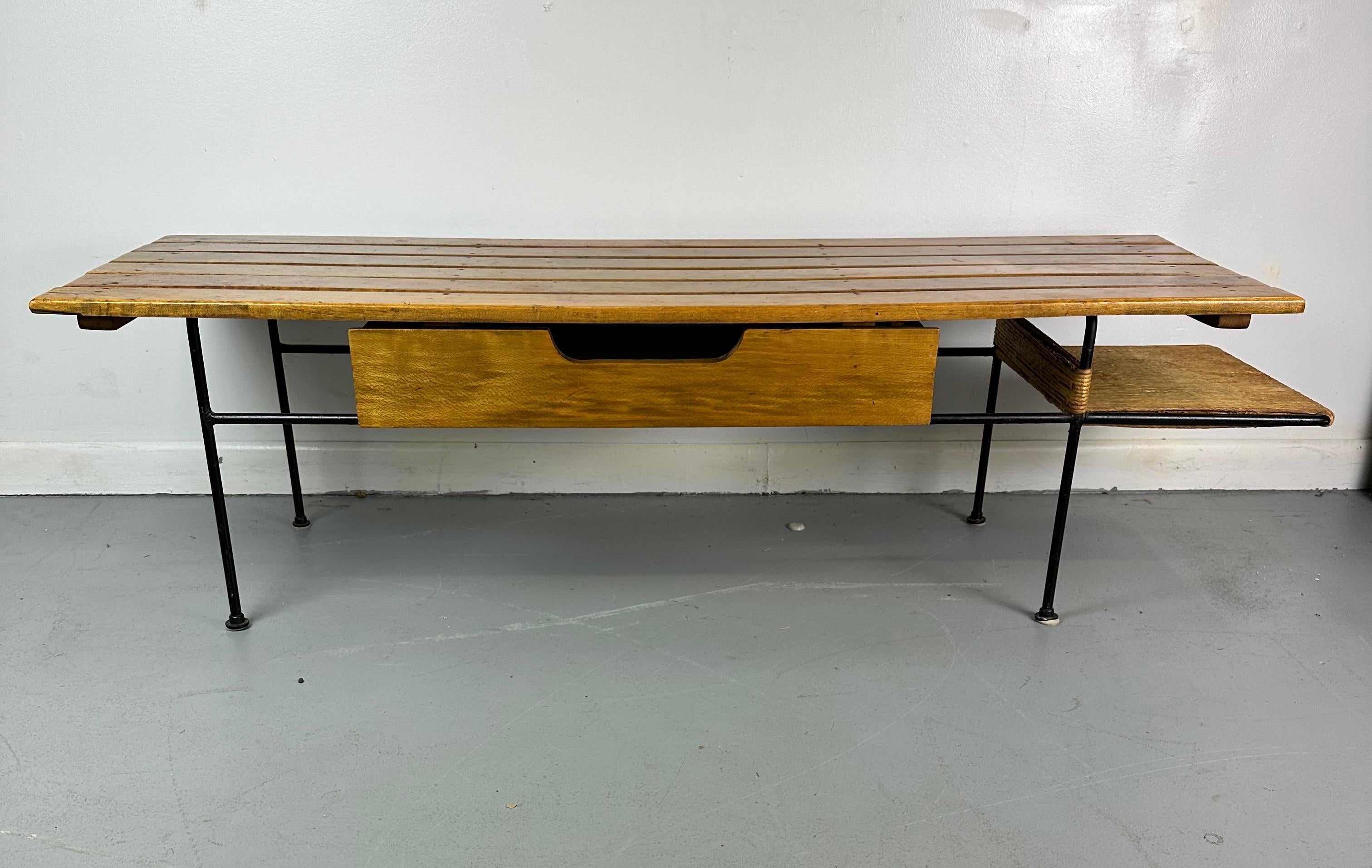 Mid-Century Modern Arthur Umanoff Coffee/Cocktail Table with shelf and Drawer in Elm, Iron, & Cord  For Sale