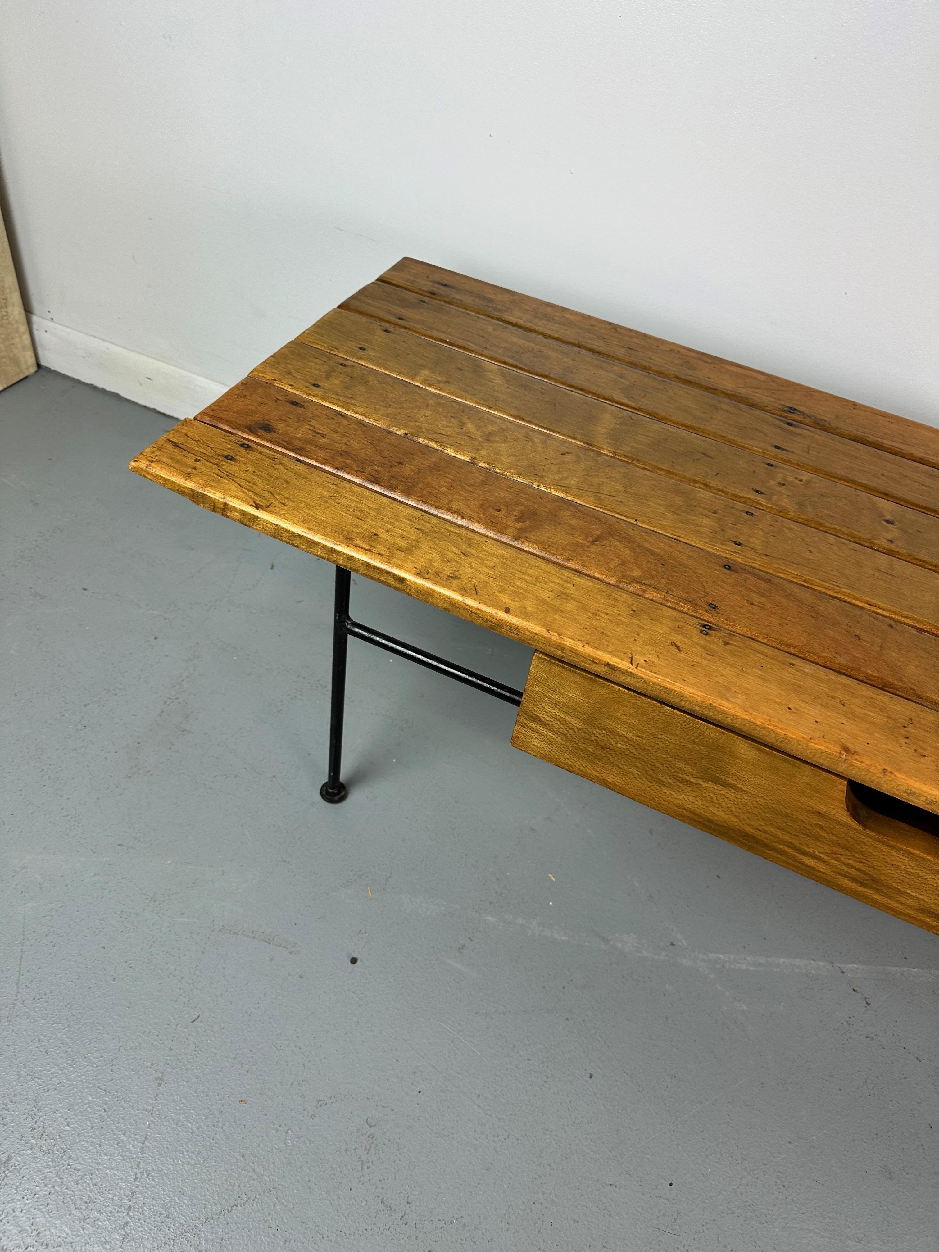20th Century Arthur Umanoff Coffee/Cocktail Table with shelf and Drawer in Elm, Iron, & Cord  For Sale