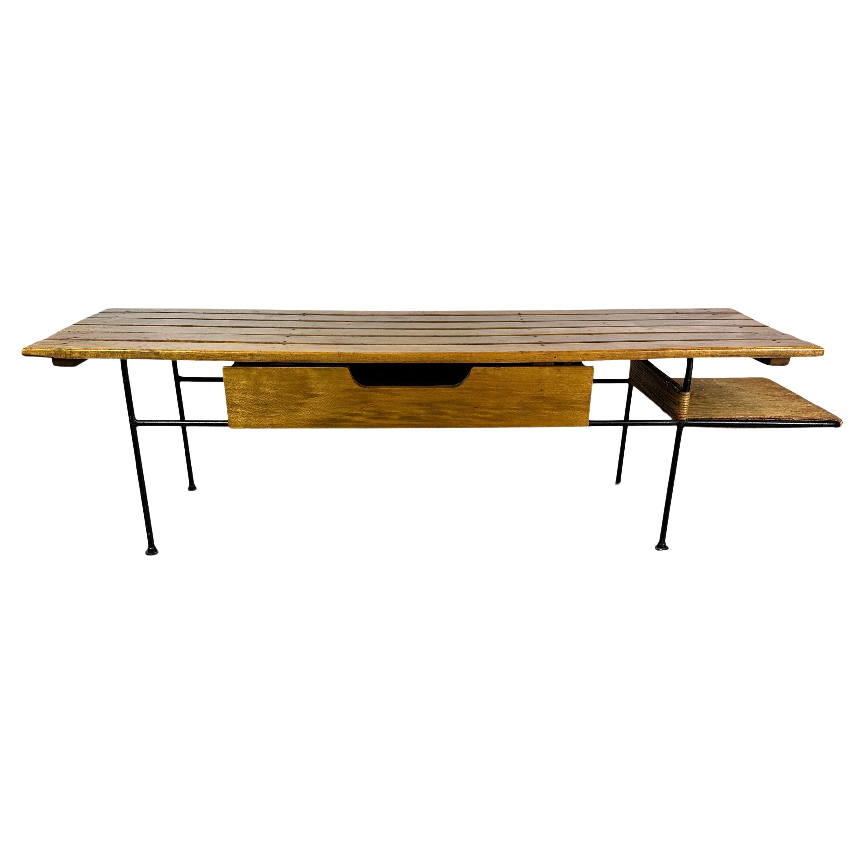 Arthur Umanoff Coffee/Cocktail Table with shelf and Drawer in Elm, Iron, & Cord  For Sale
