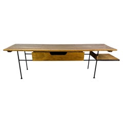 Arthur Umanoff Coffee/Cocktail Table with shelf and Drawer in Elm, Iron, & Cord 