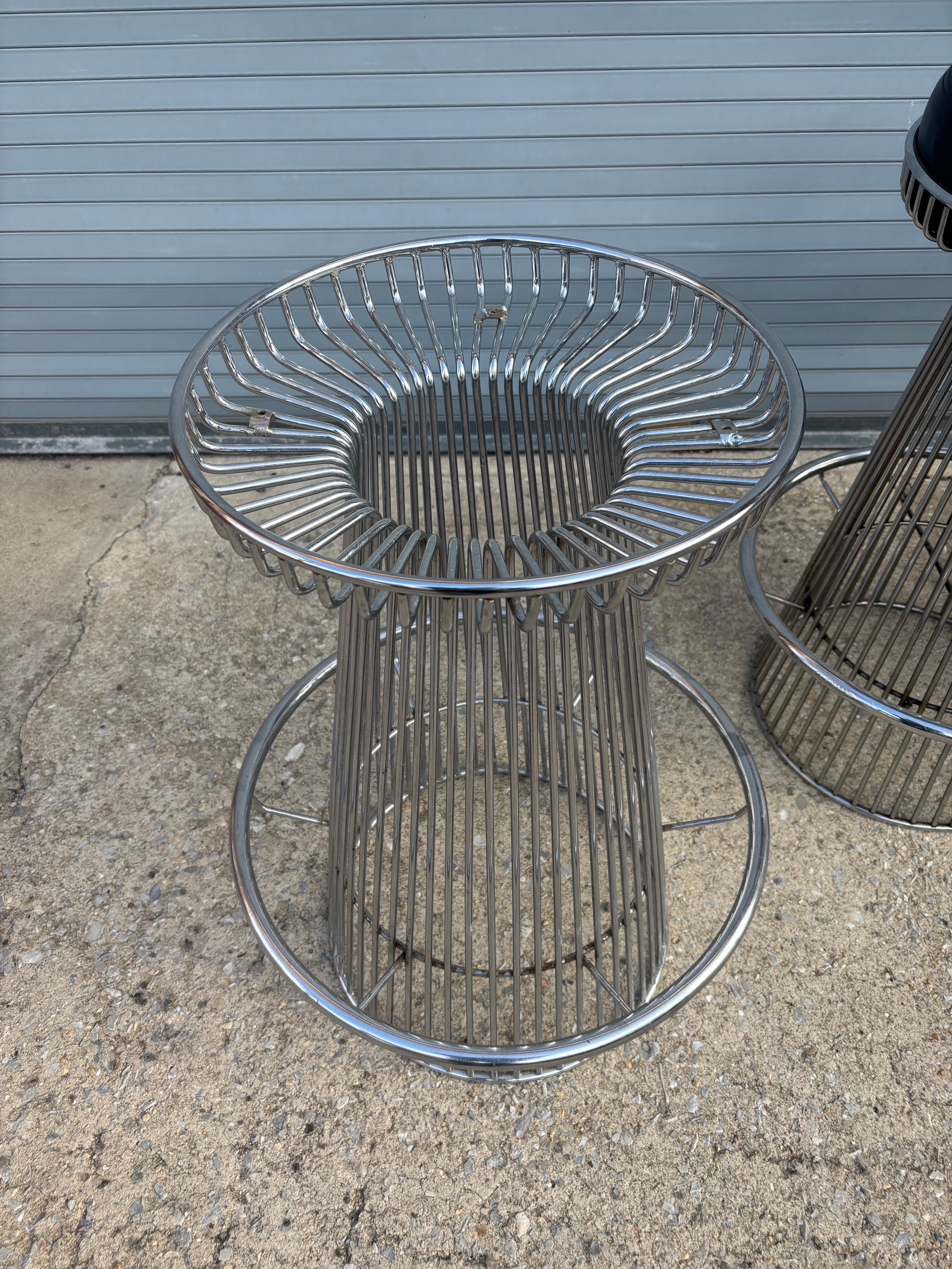 Set of 3 Arthur Umanoff for Contempory Stools Chrome Bar Stools.  Seats do need to be redone,  and  price includes new black leather cushions or material you supply.   Nice grouping of 3, overall in pretty good condition with a little oxidation in
