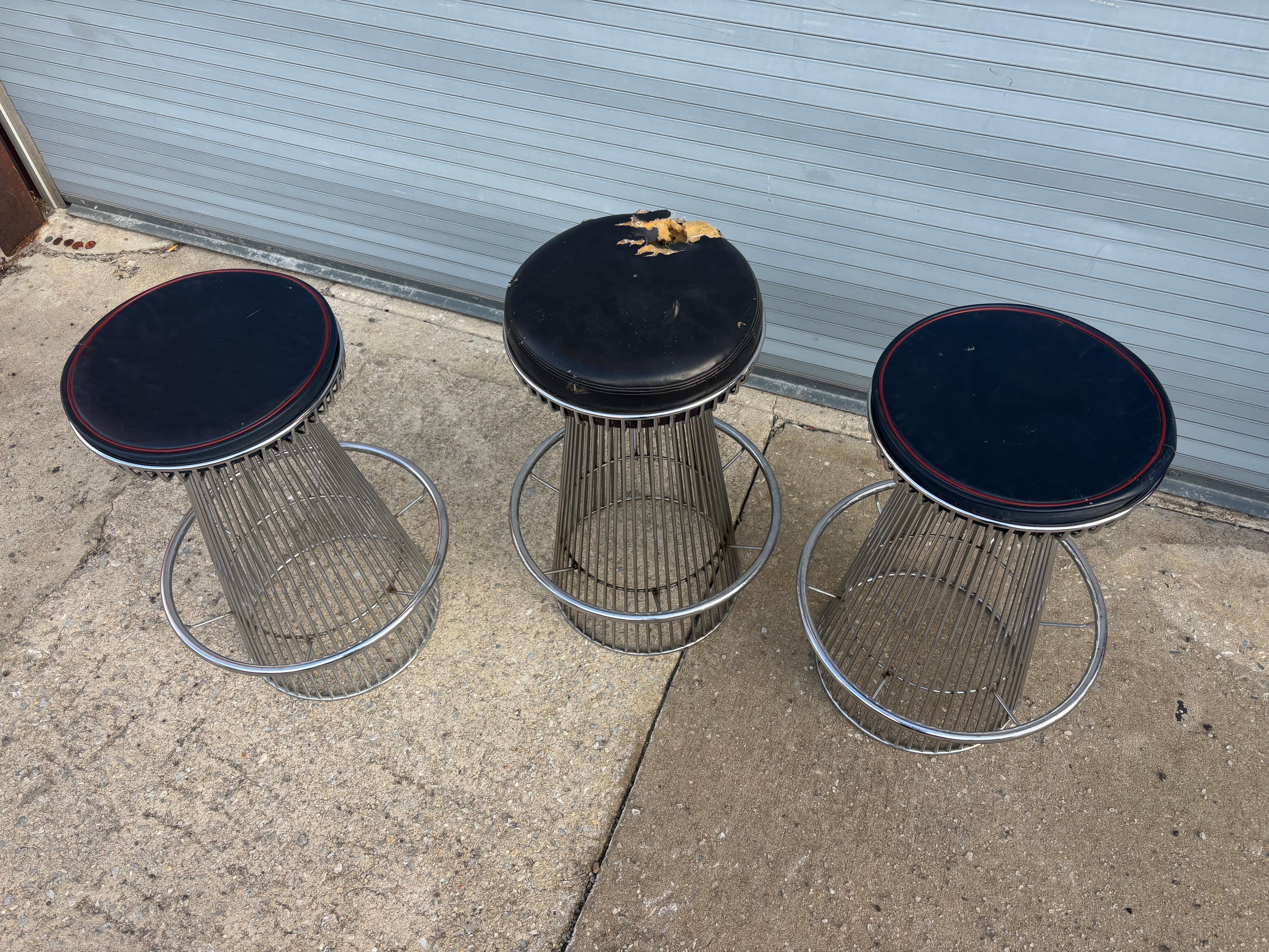 Upholstery Arthur Umanoff for Contempory Shells Set of 3 Chrome Bar Stools