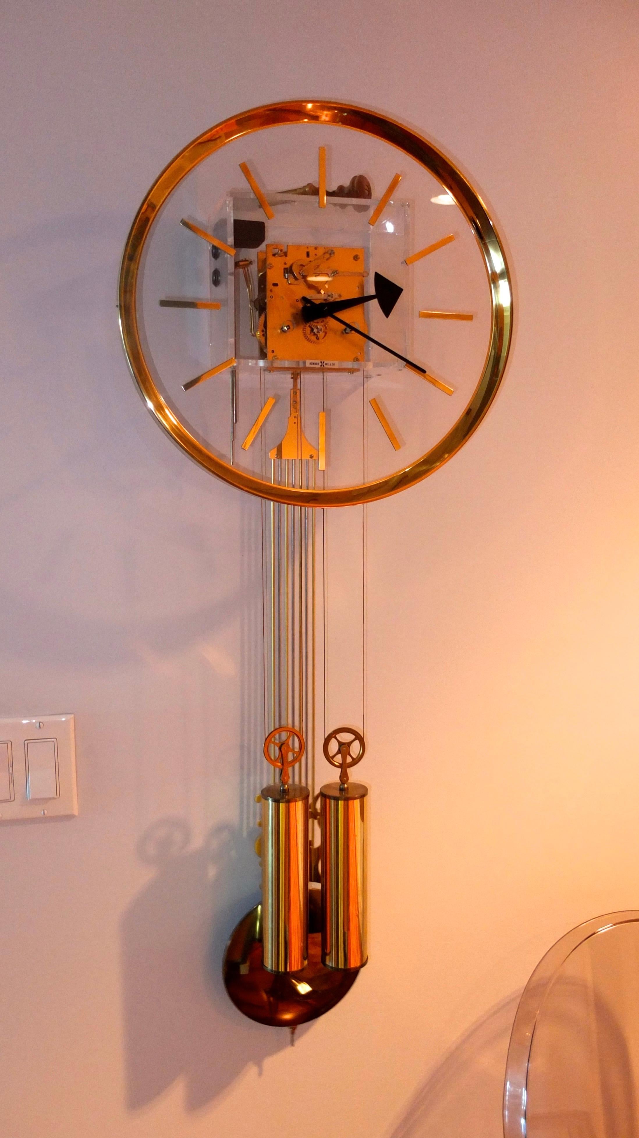 Mid-Century Modern Arthur Umanoff for Howard Miller Brass and Lucite Wall Clock