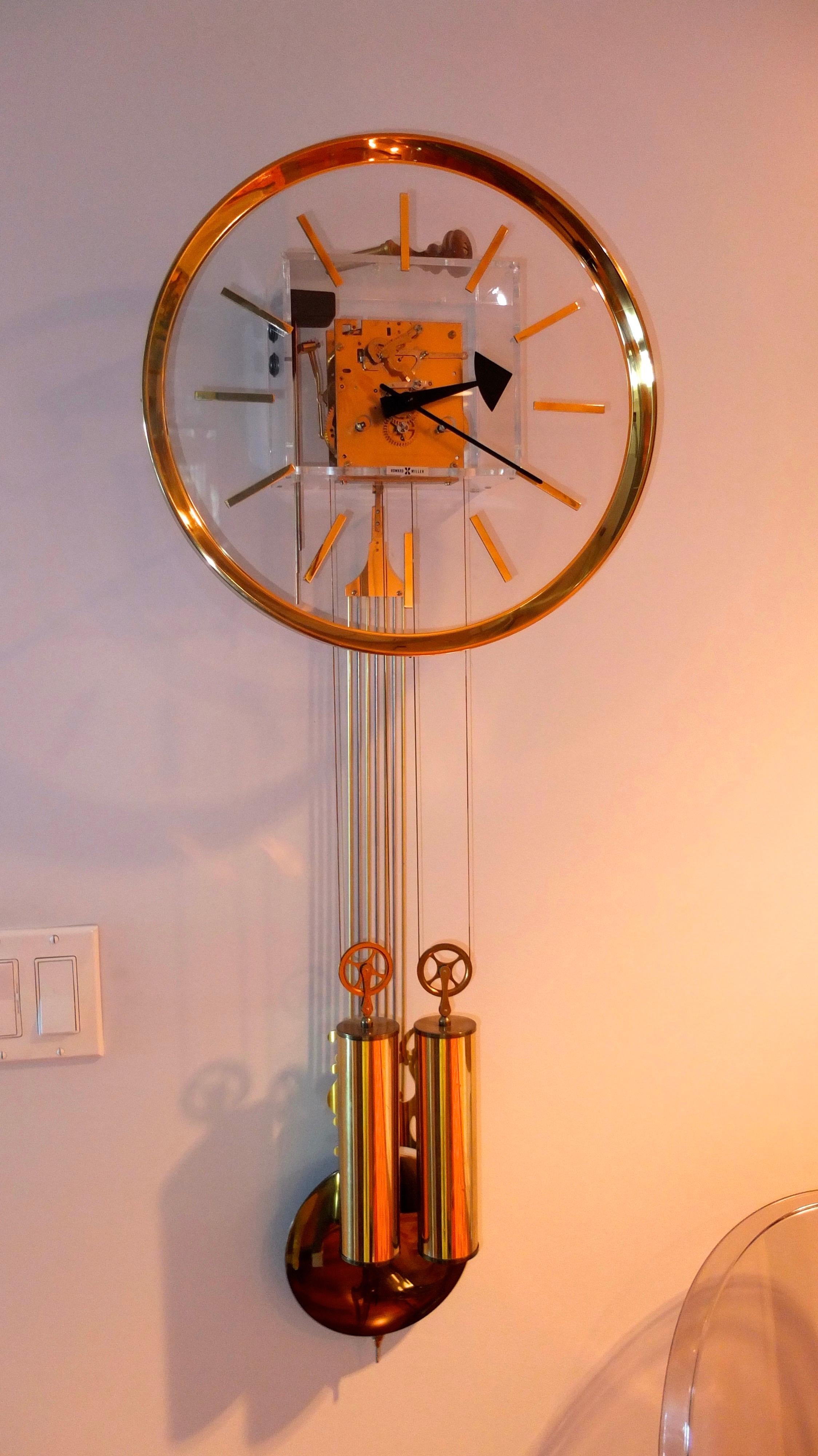 American Arthur Umanoff for Howard Miller Brass and Lucite Wall Clock