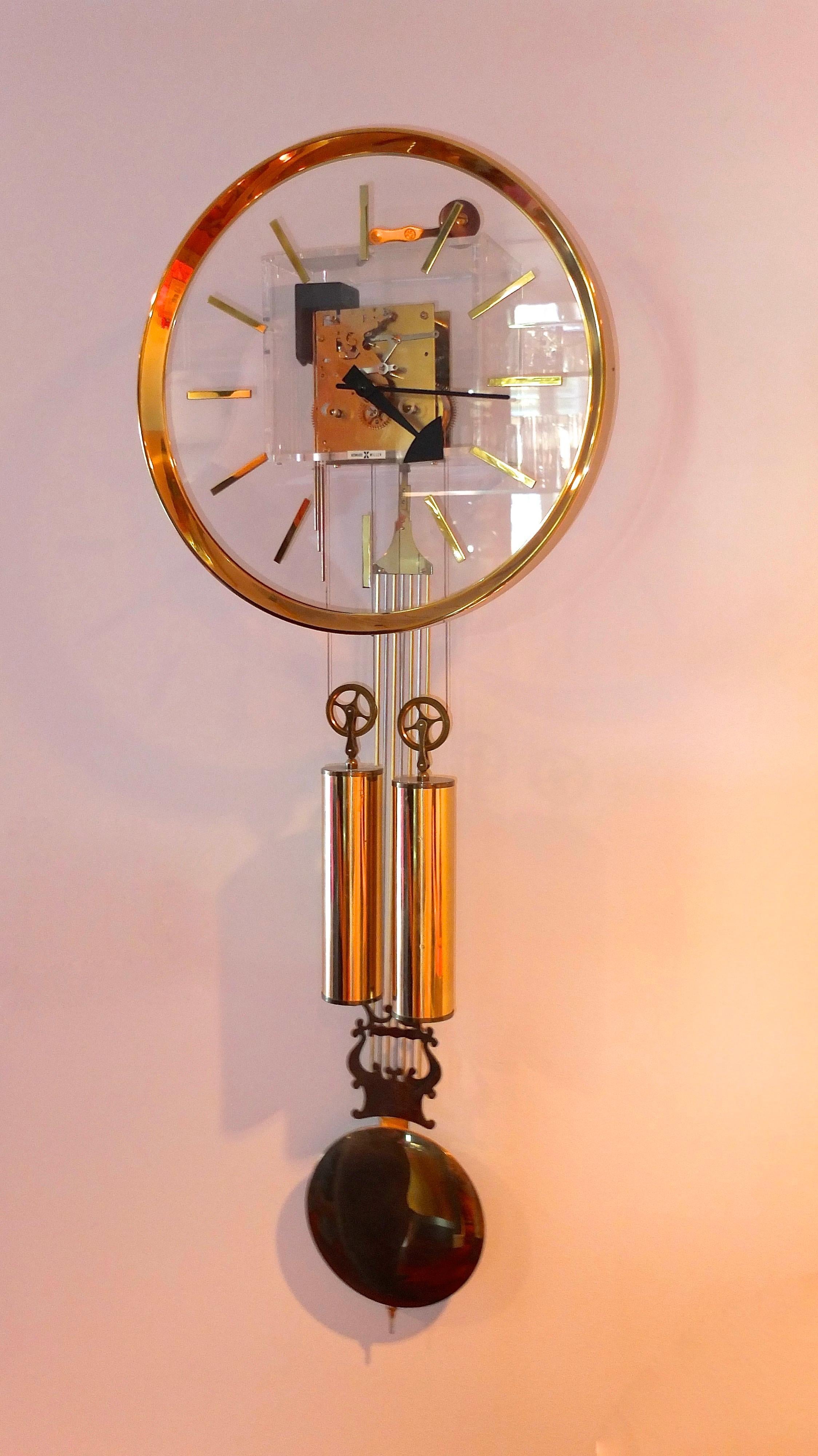 Late 20th Century Arthur Umanoff for Howard Miller Brass and Lucite Wall Clock