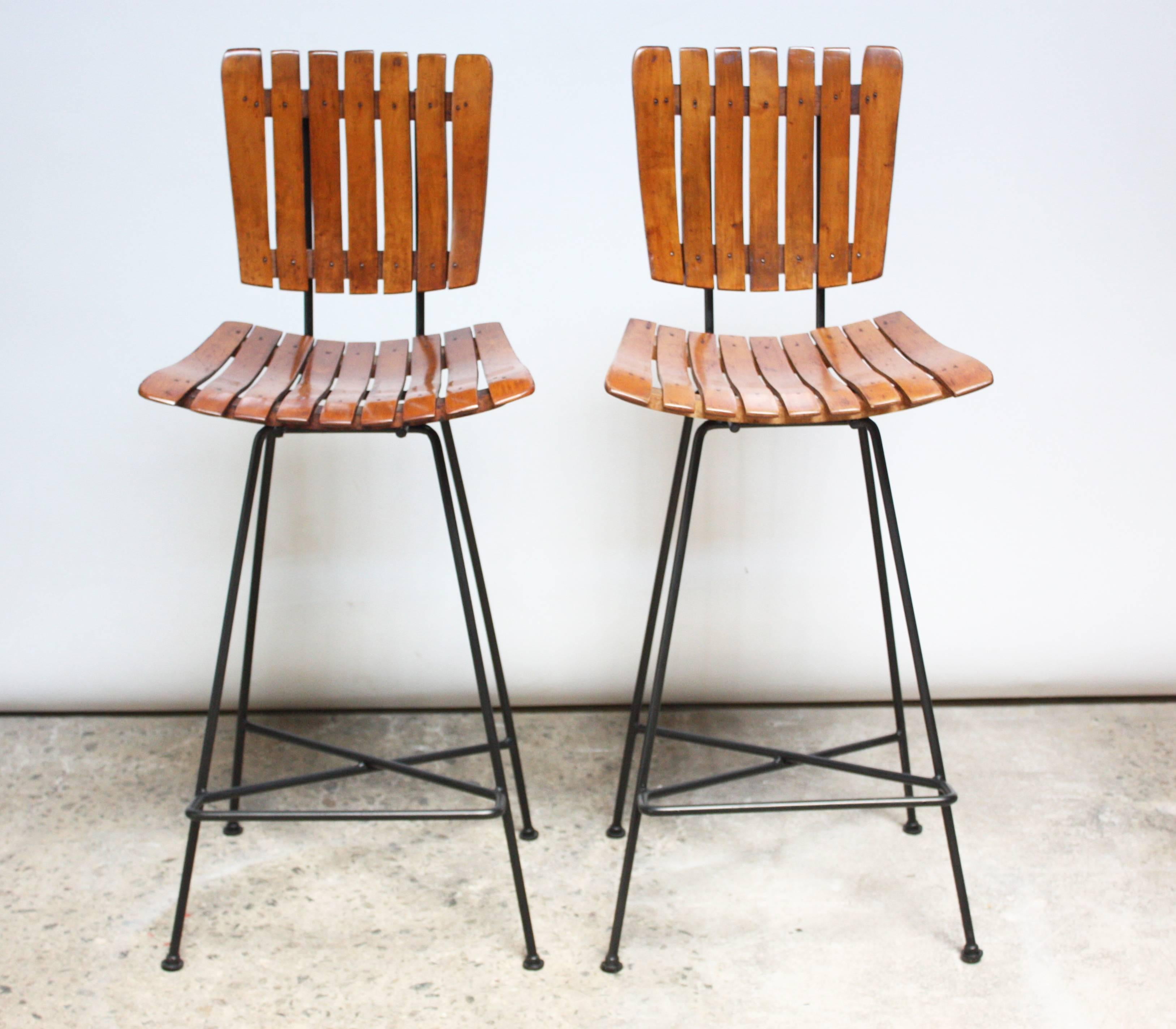 Arthur Umanoff for Raymor Iron and Birch-Slat Bar with Stools 2