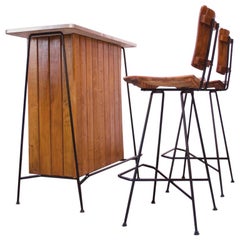 Arthur Umanoff for Raymor Iron and Birch-Slat Bar with Stools