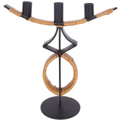 Arthur Umanoff for Raymor Wrought Iron and Rattan Triple Candelabra, circa 1960