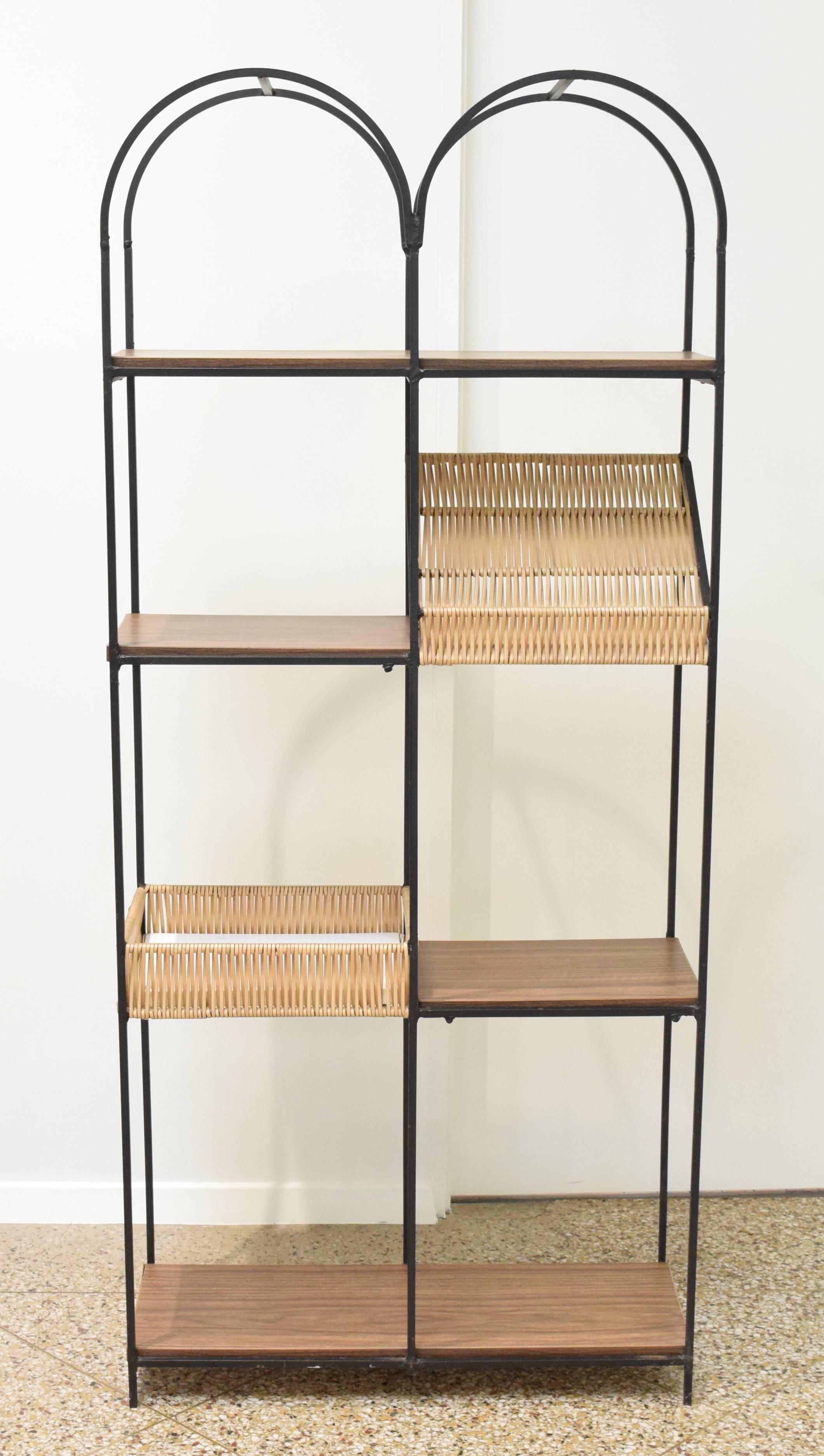Store closing-- last day is 7/31. Offers welcome! Etagere with double arches designed by Arthur Umanoff for Shaver Howard and retailed by Raymor c. 1967. This rarely-seen version was special ordered without the pierced Mayan sun decorative panel,