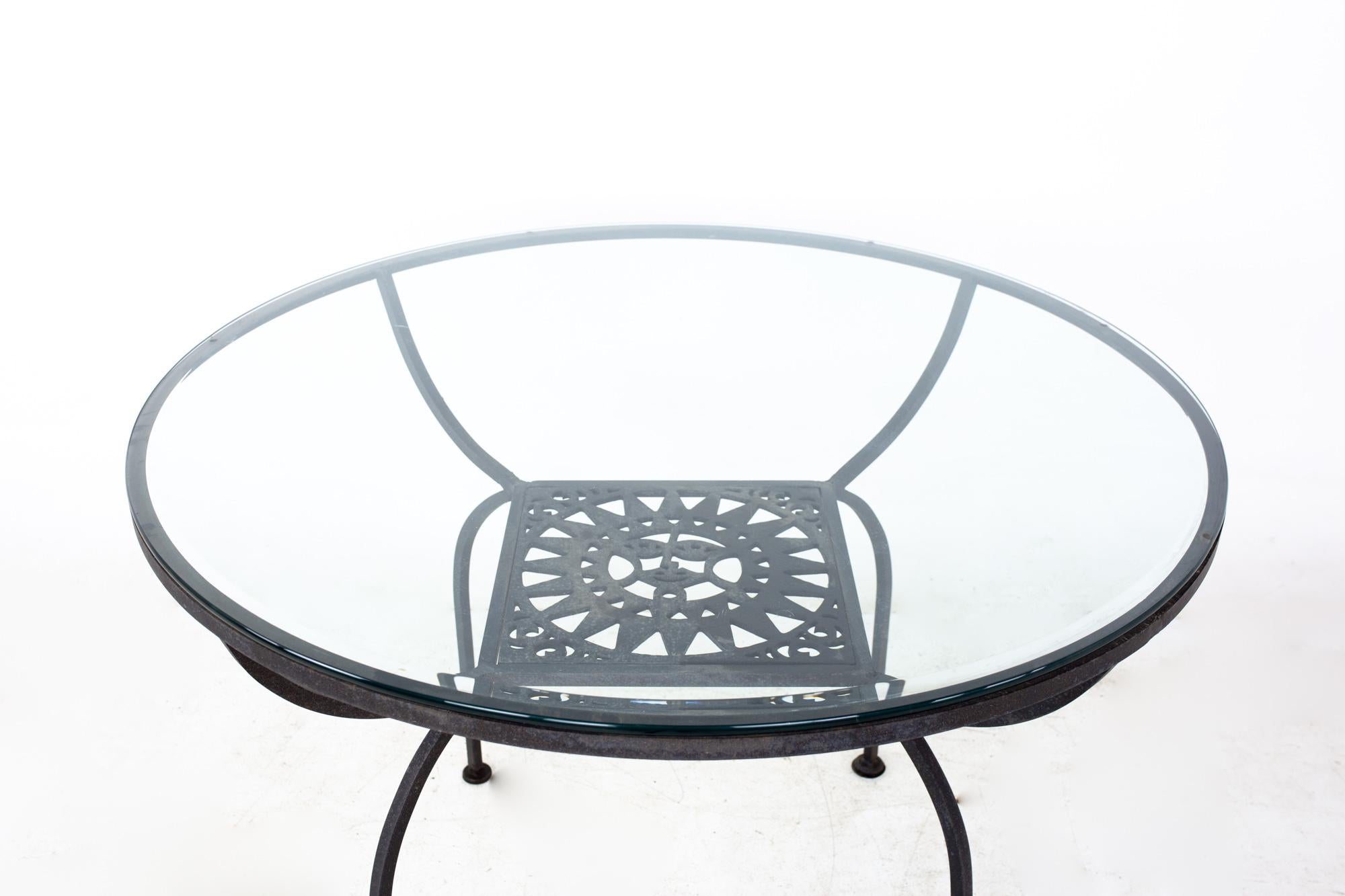 Mid-Century Modern Arthur Umanoff for Shaver Howard Mayan MCM Iron and Glass Round Dining Table For Sale