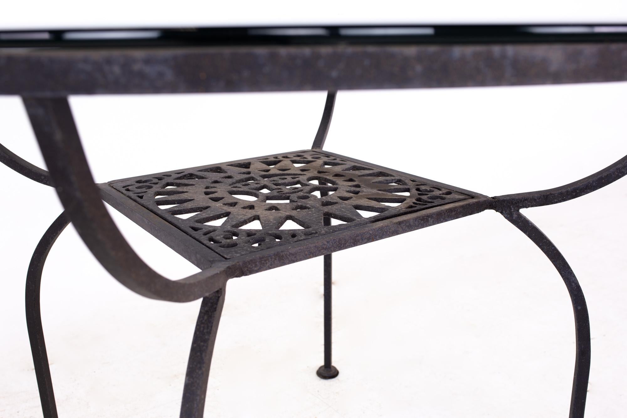 Late 20th Century Arthur Umanoff for Shaver Howard Mayan MCM Iron and Glass Round Dining Table For Sale