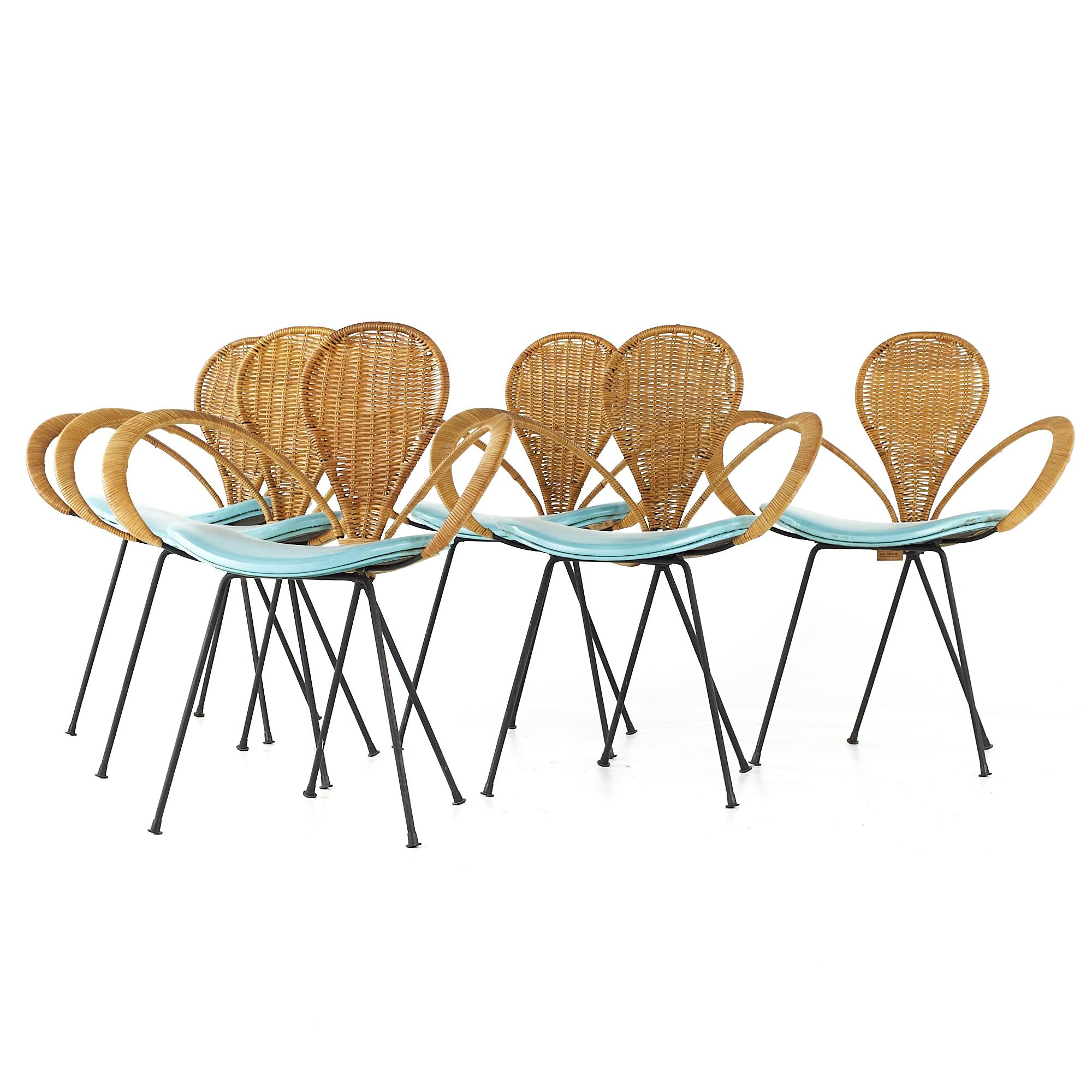 Mid-Century Modern Arthur Umanoff for Shaver Howard MCM Rattan and Iron Dining Chairs, Set of 6 For Sale