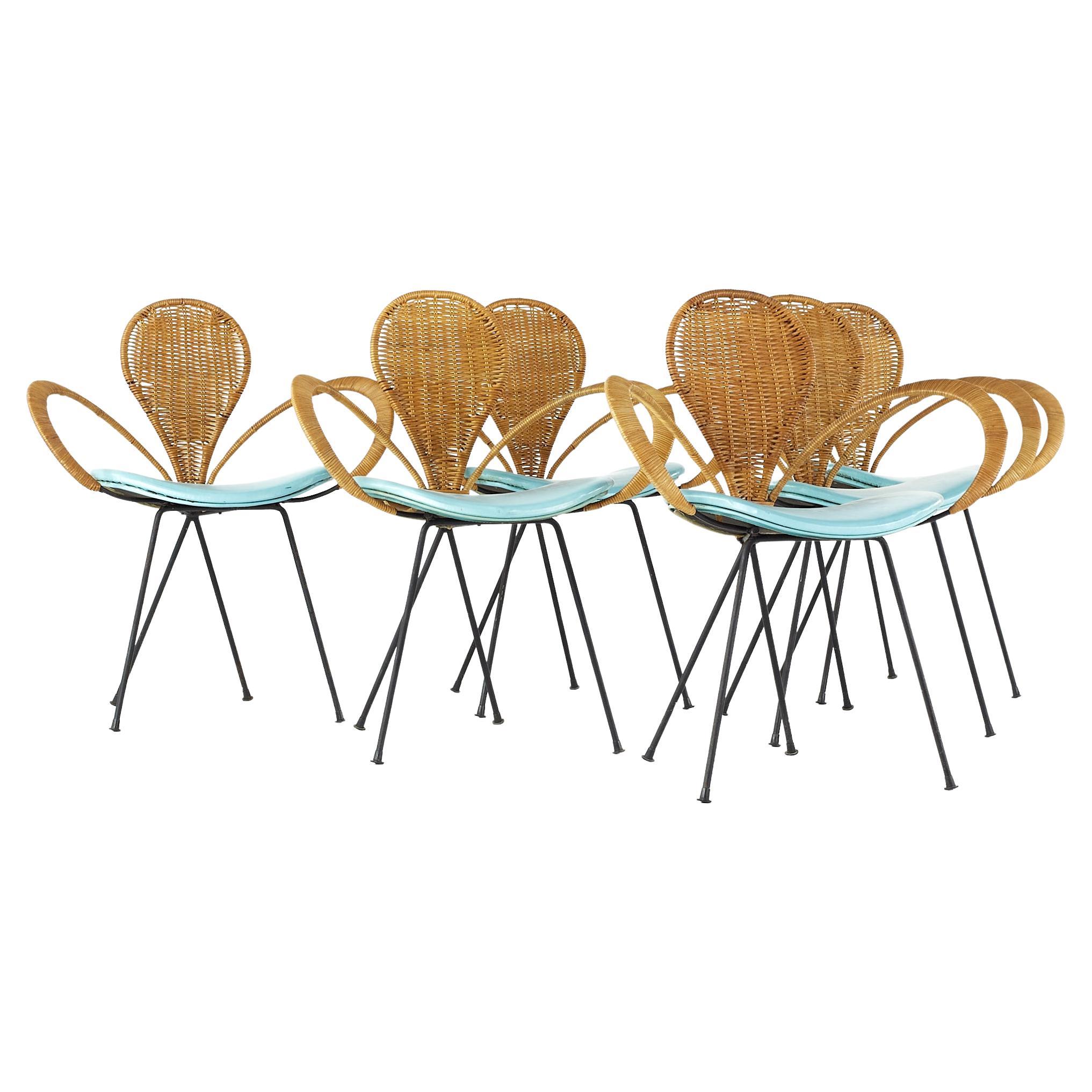 Arthur Umanoff for Shaver Howard MCM Rattan and Iron Dining Chairs, Set of 6 For Sale