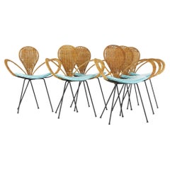 Retro Arthur Umanoff for Shaver Howard MCM Rattan and Iron Dining Chairs, Set of 6