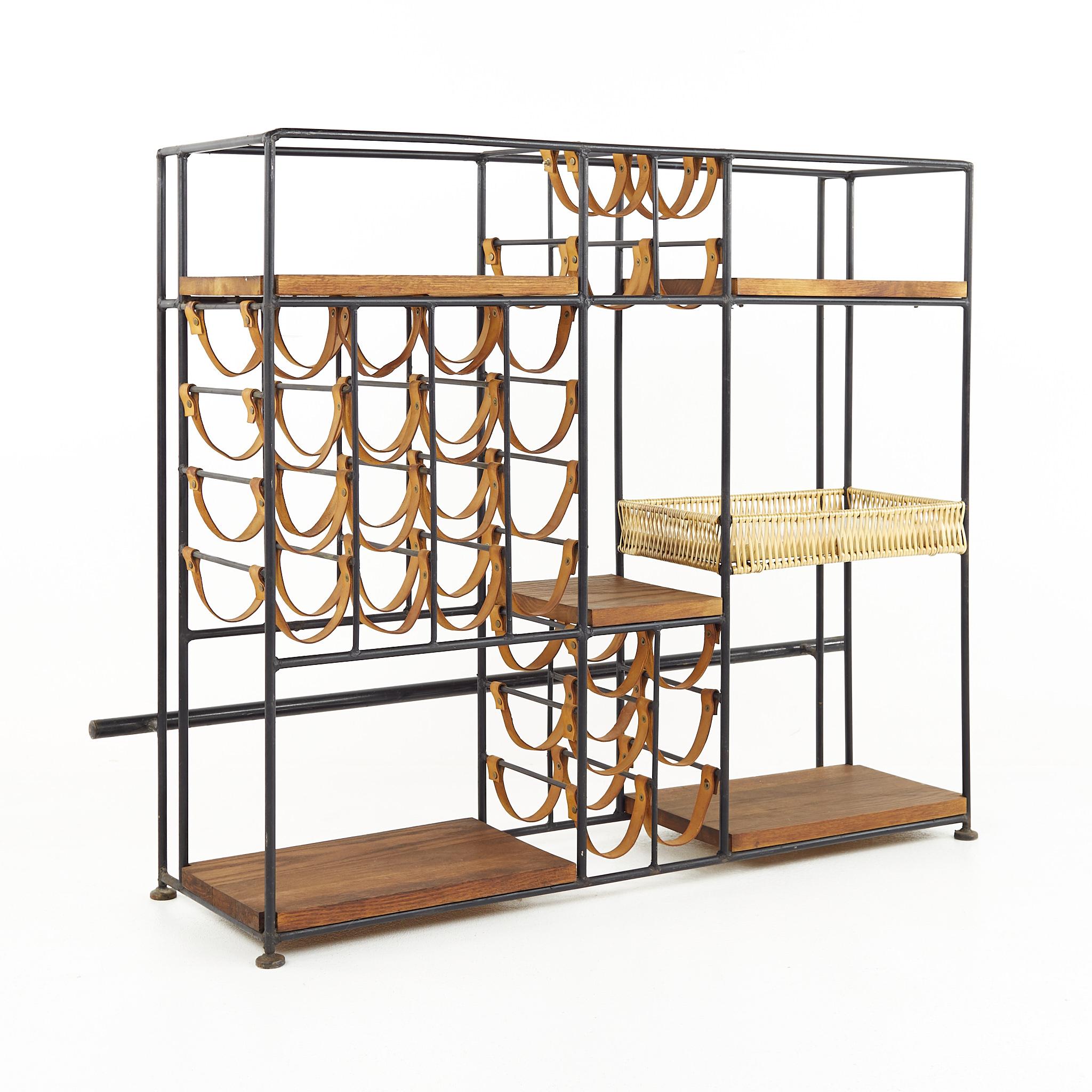 American Arthur Umanoff for Shaver Howard Mid-Century Wrought Iron and Leather Wine Rack 