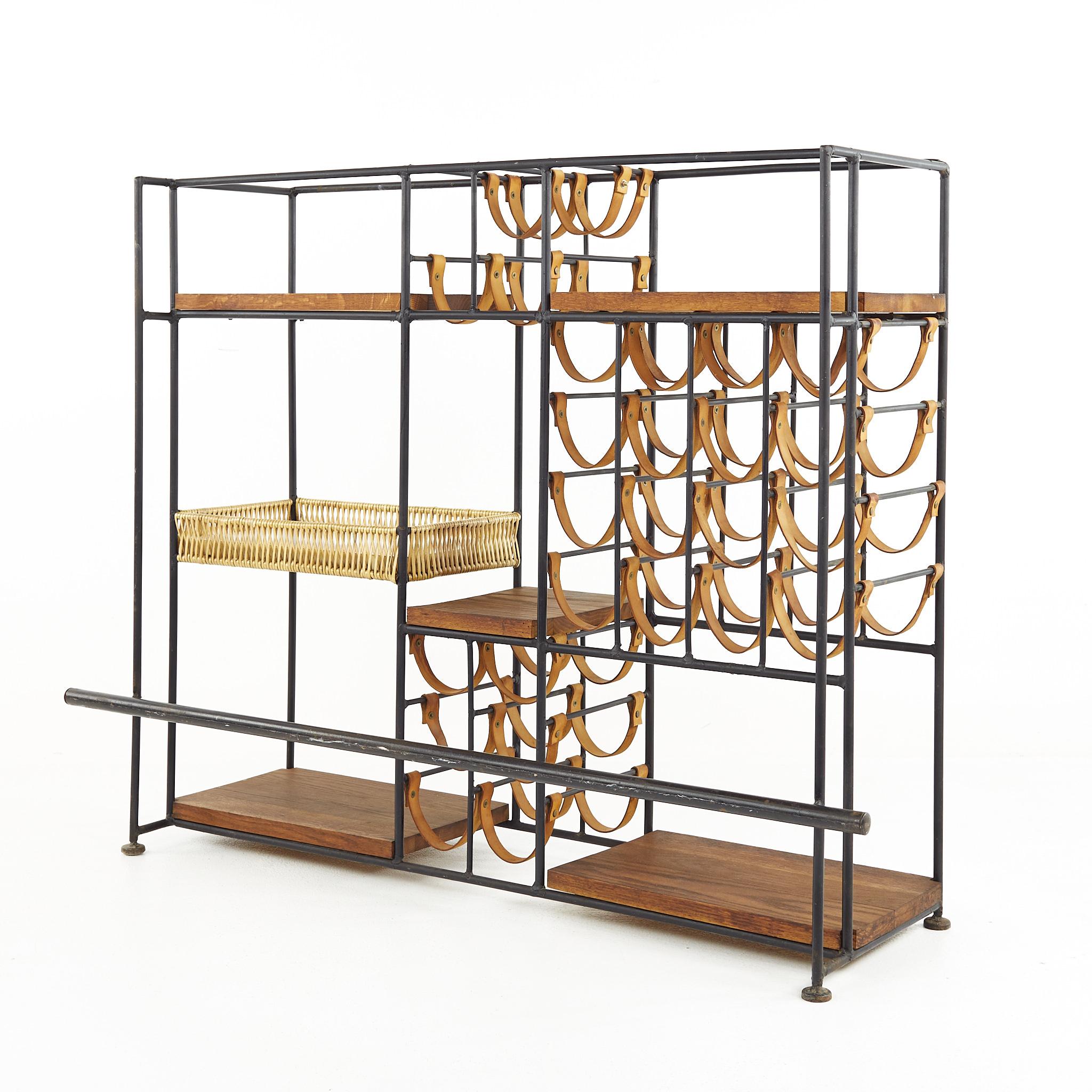 Late 20th Century Arthur Umanoff for Shaver Howard Mid-Century Wrought Iron and Leather Wine Rack 