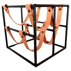 Arthur Umanoff Four Bottle Wine Rack 1960s Saddle Leather Strap Black Iron