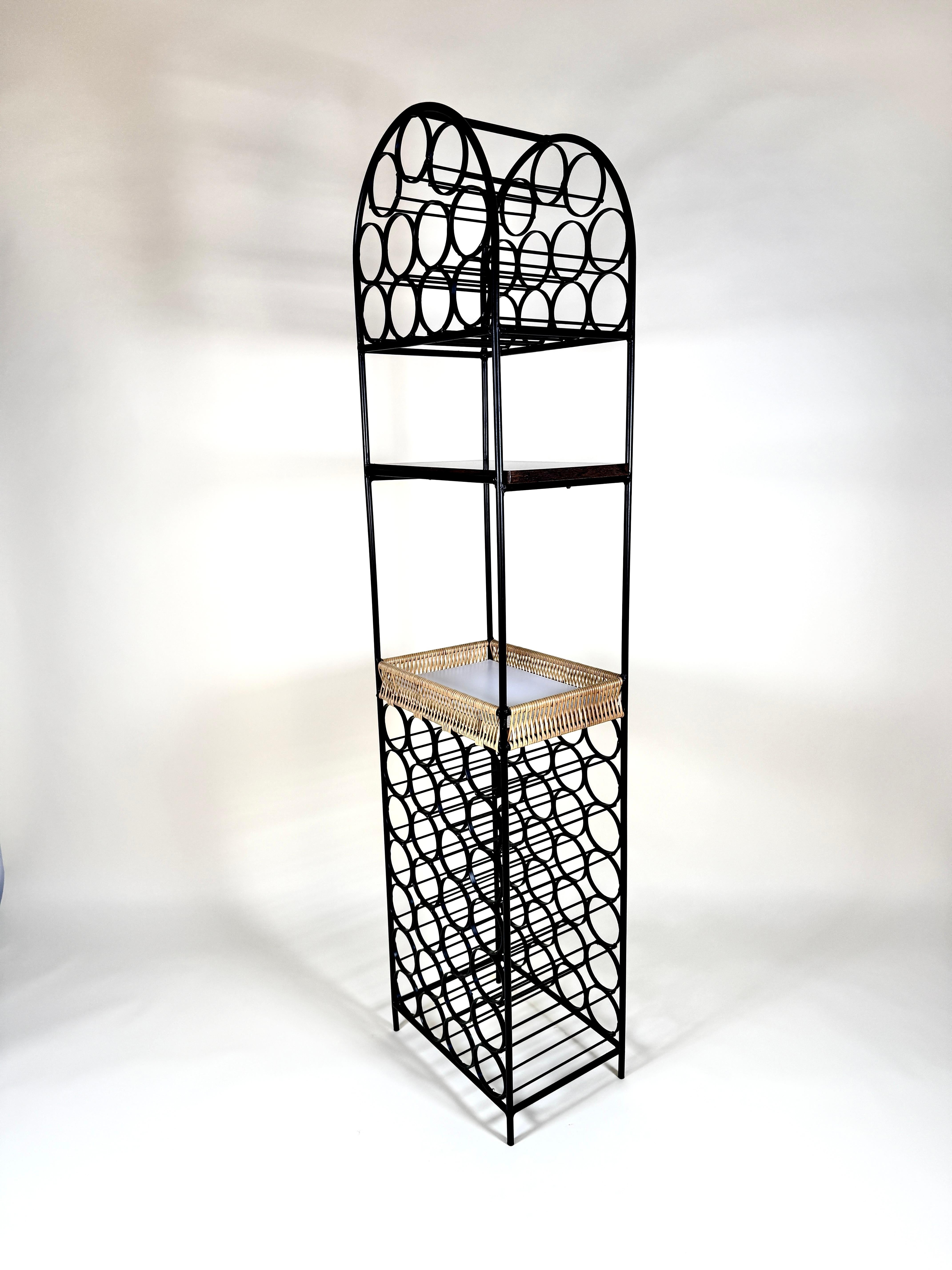 Metà XX secolo Arthur Umanoff Iron & Rattan Wine Rack with Shelves in vendita