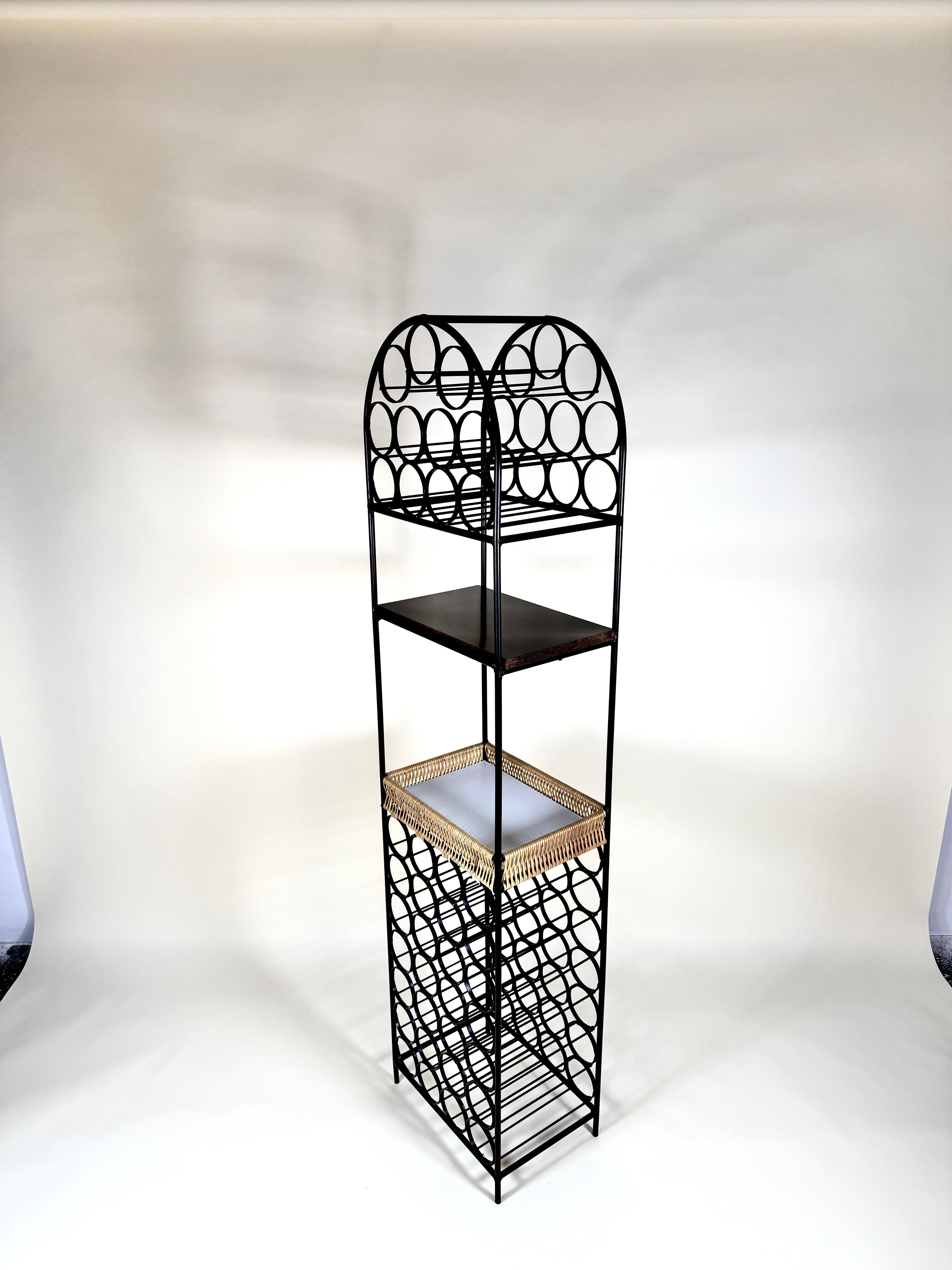 Arthur Umanoff Iron & Rattan Wine Rack with Shelves in vendita 1