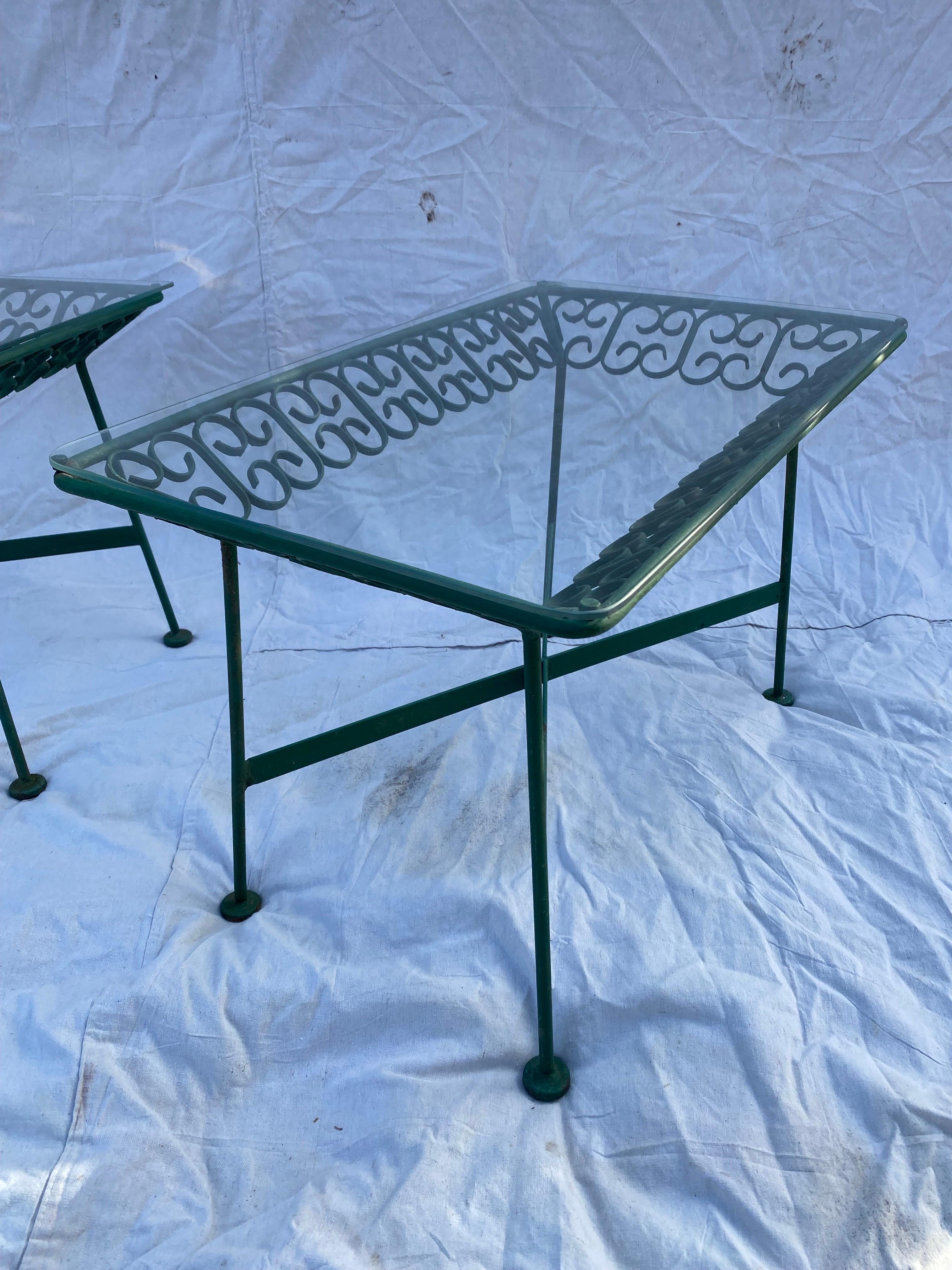 Arthur Umanoff for Shaver Howard Iron Side Tables with Glass tops.  Hard to find pair!  We have a Sofa, two Lounge Chairs, and a round Coffee Table Available!  Nice older green paint, metal in good shape, two new glass tops have been made!  Pictures