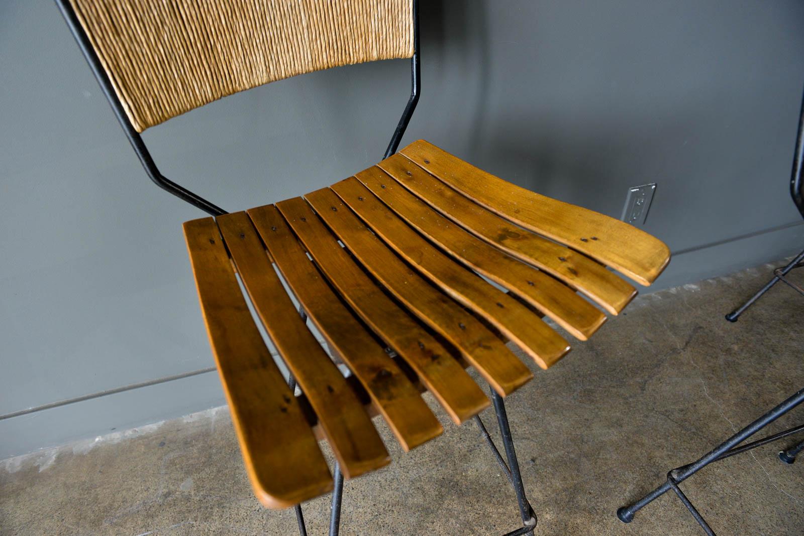 Arthur Umanoff Iron and Slatted Wood Barstools, circa 1965 In Good Condition In Costa Mesa, CA