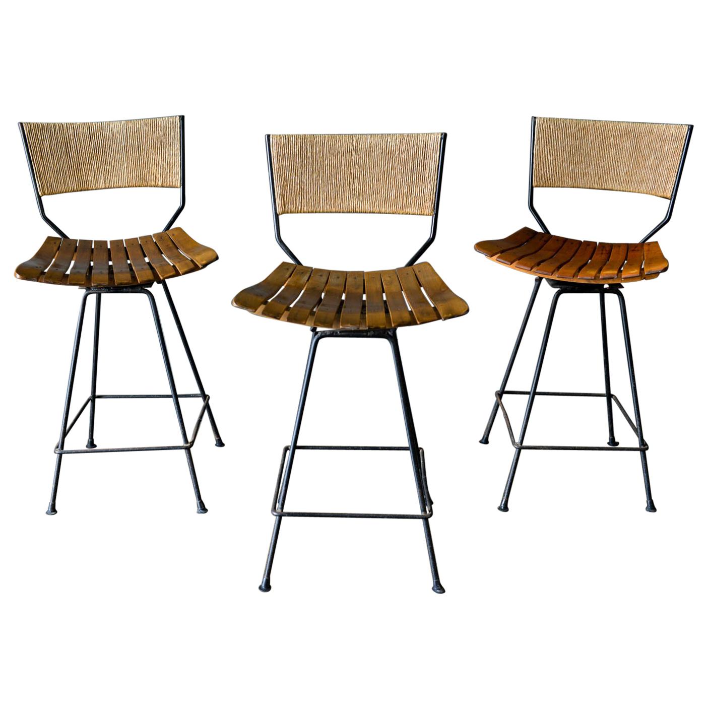 Arthur Umanoff Iron and Slatted Wood Barstools, circa 1965