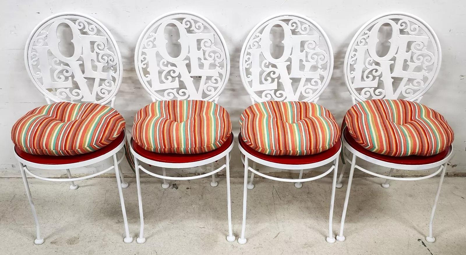 For FULL item description click on READ MORE below. 

Offering One Of Our Recent Palm Beach Estate Fine Furniture Acquisitions Of A
Rare Set of 4 1960s Arthur Umanoff Iron LOVE Chairs
Newley restored with new custom cushions.

Approximate